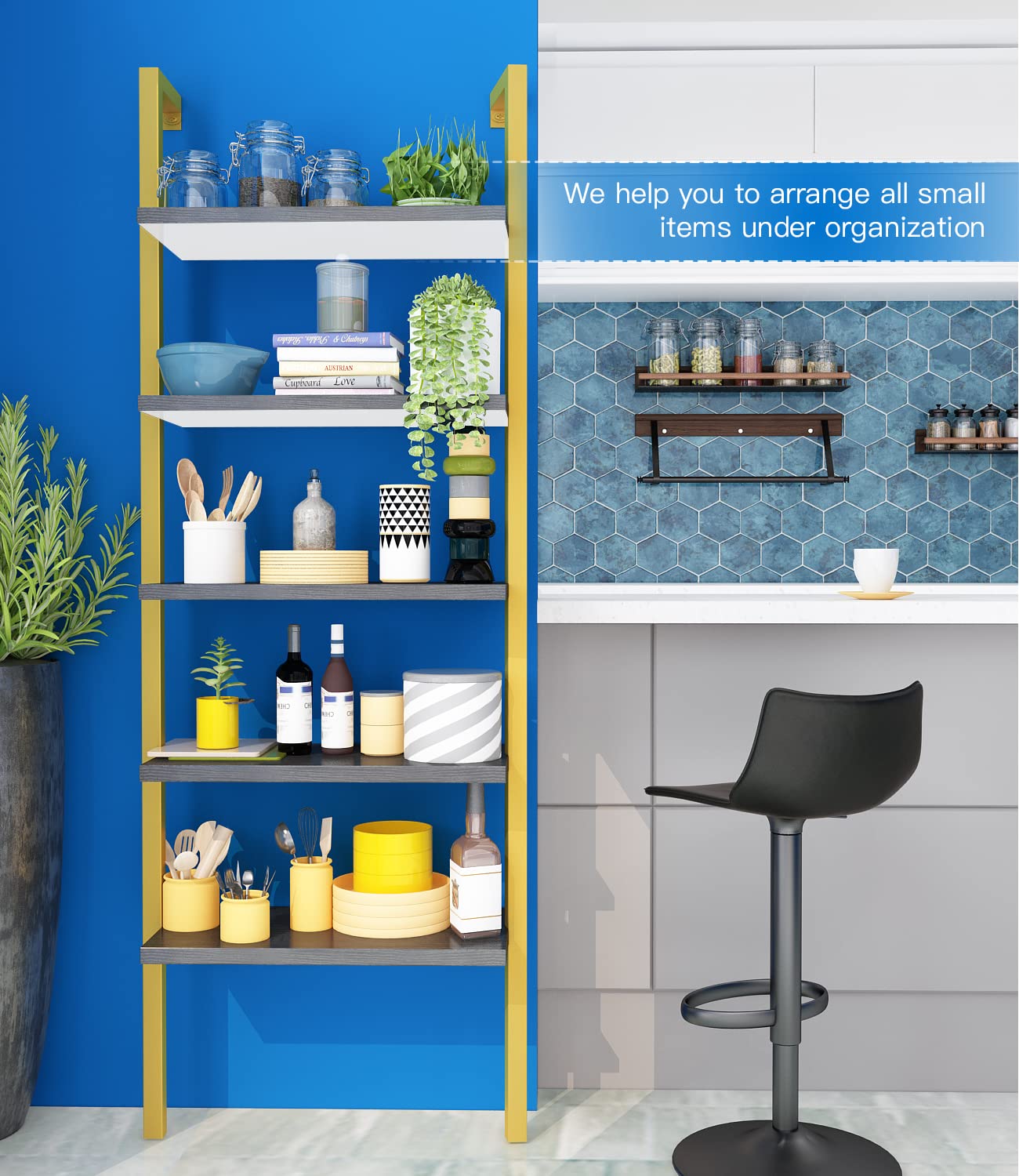Industrial Ladder Bookshelf - 5-Tier Wall Mounted Bookcase with Metal Frame, Open Display Storage Shelf for Living Room, Bedroom, Office & Balcony | Space-Saving Leaning Ladder Design for Home Decor & Book Organization