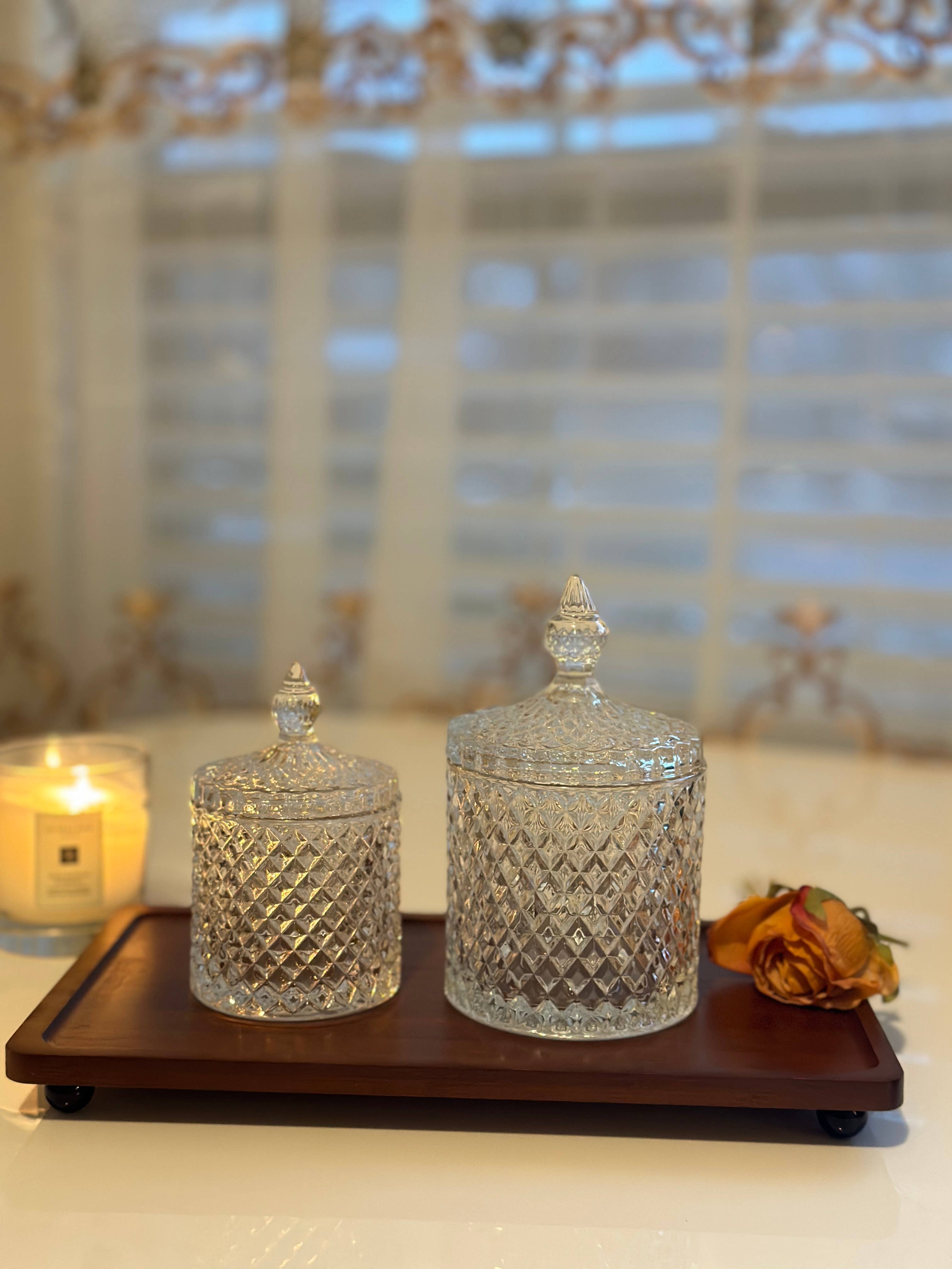 Premium Diamond Cut Crystal Glass Storage Jars Set - 4-Piece Airtight Kitchen Canisters for Coffee, Tea, Sugar & Flour | Elegant Countertop Display & Pantry Organization