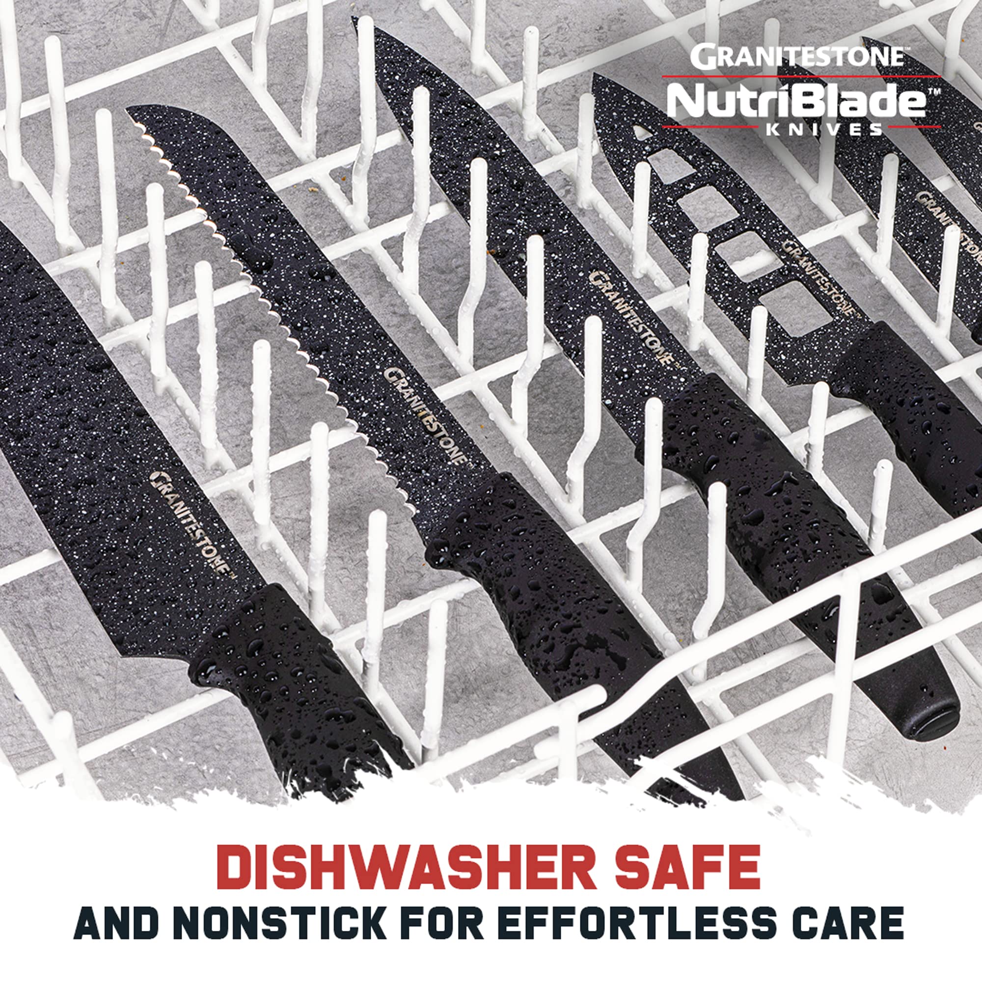 Granitestone Nutriblade 6-Piece Professional Chef Knife Set with Block - Ultra Sharp Stainless Steel Knives with Nonstick Granite Coating, Ergonomic Grip, Dishwasher Safe (Black) - Perfect for Home Cooking, Professional Kitchens & Gift Giving
