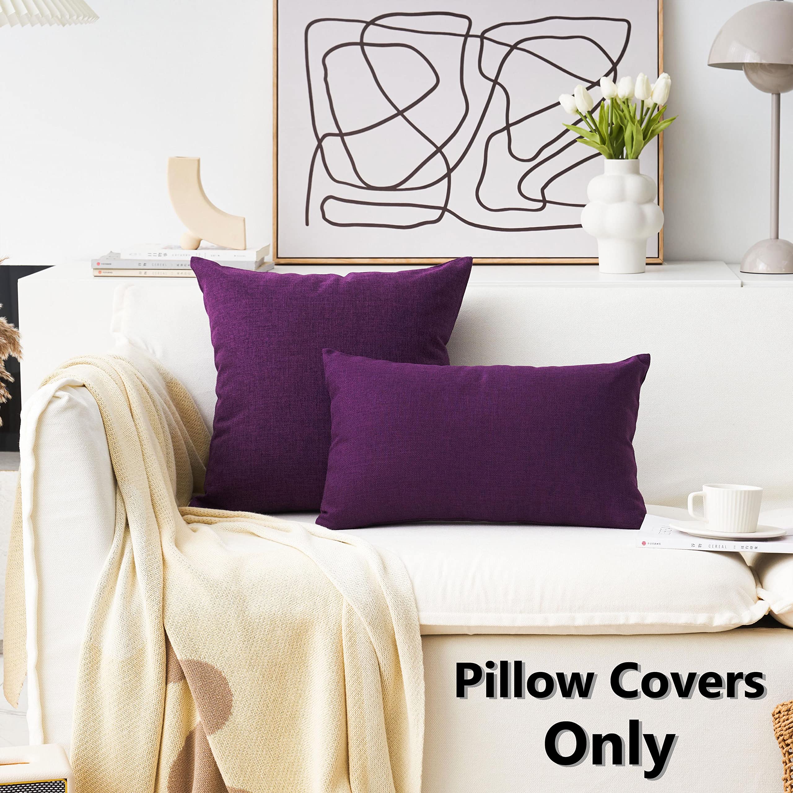 Premium Purple Burlap Linen Pillow Covers - 20x20 Inches (50x50cm) Solid European Style Throw Pillows for Sofa, Bed & Bench - Perfect for Living Room Decor, Bedroom Accents & Cozy Home Styling