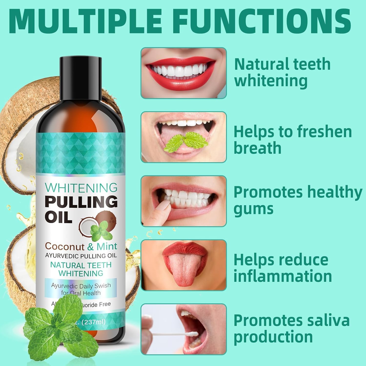 Organic Coconut Oil Pulling for Fresh Breath & Oral Hygiene - Natural Teeth Whitening, Healthy Gums Support with Tongue Scraper - 8 fl oz - Perfect for Morning Routine & Ayurvedic Dental Care