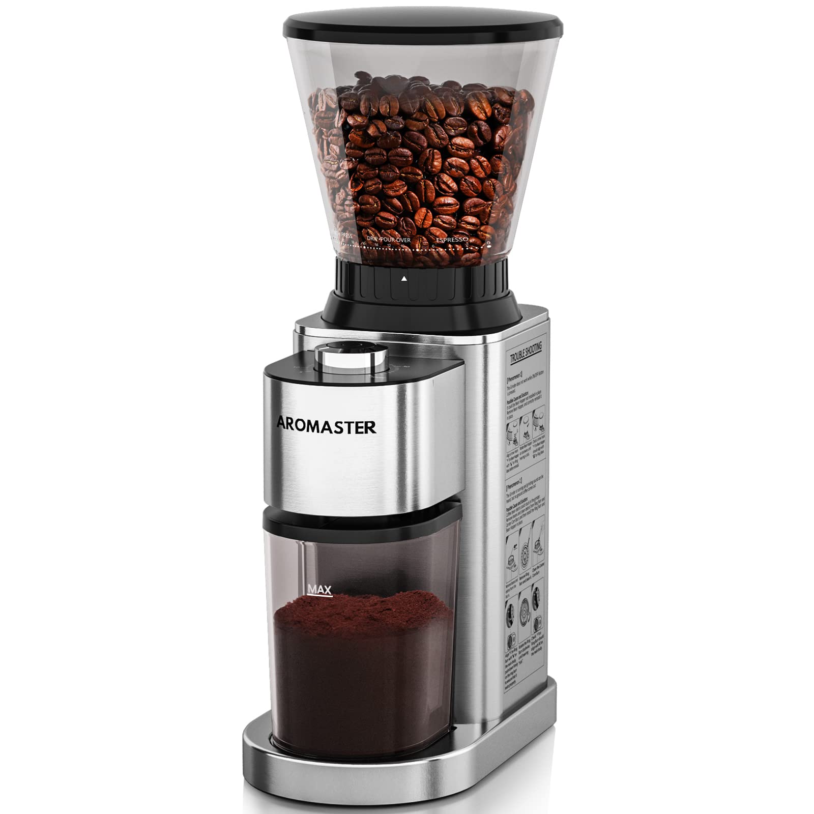 Premium Aromaster Electric Conical Burr Coffee Grinder - 48 Precise Grind Settings, 40-Second Adjustable Timer, Stainless Steel & Anti-Static Design (Silver) - Perfect for Home Brewing, Espresso, French Press & Cold Brew Coffee Makers