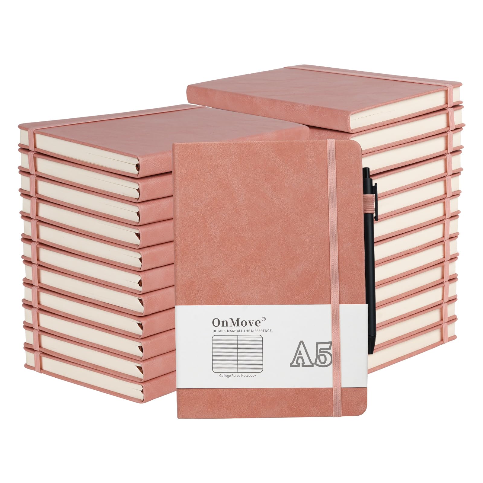 24-Pack Bulk Leather Hardcover Notebooks Journal for Women & Men - A5 Size, 160 Pages, 100 GSM Thick Paper with Pen Holder - Perfect for Work, School, Office & Daily Planning (Lined, Pink)