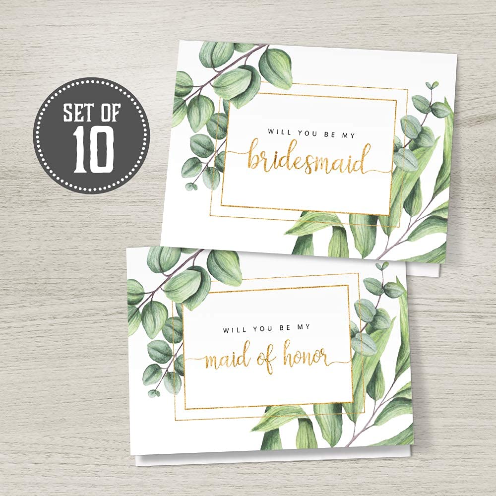 Will You Be My Bridesmaid Proposal Cards Set - 8 Bridesmaid & 2 Maid of Honor Cards with Envelopes | Greenery Wedding Party Invitation Stationery (10-Pack) - Perfect for Bridal Showers, Bachelorette Parties & Wedding Planning