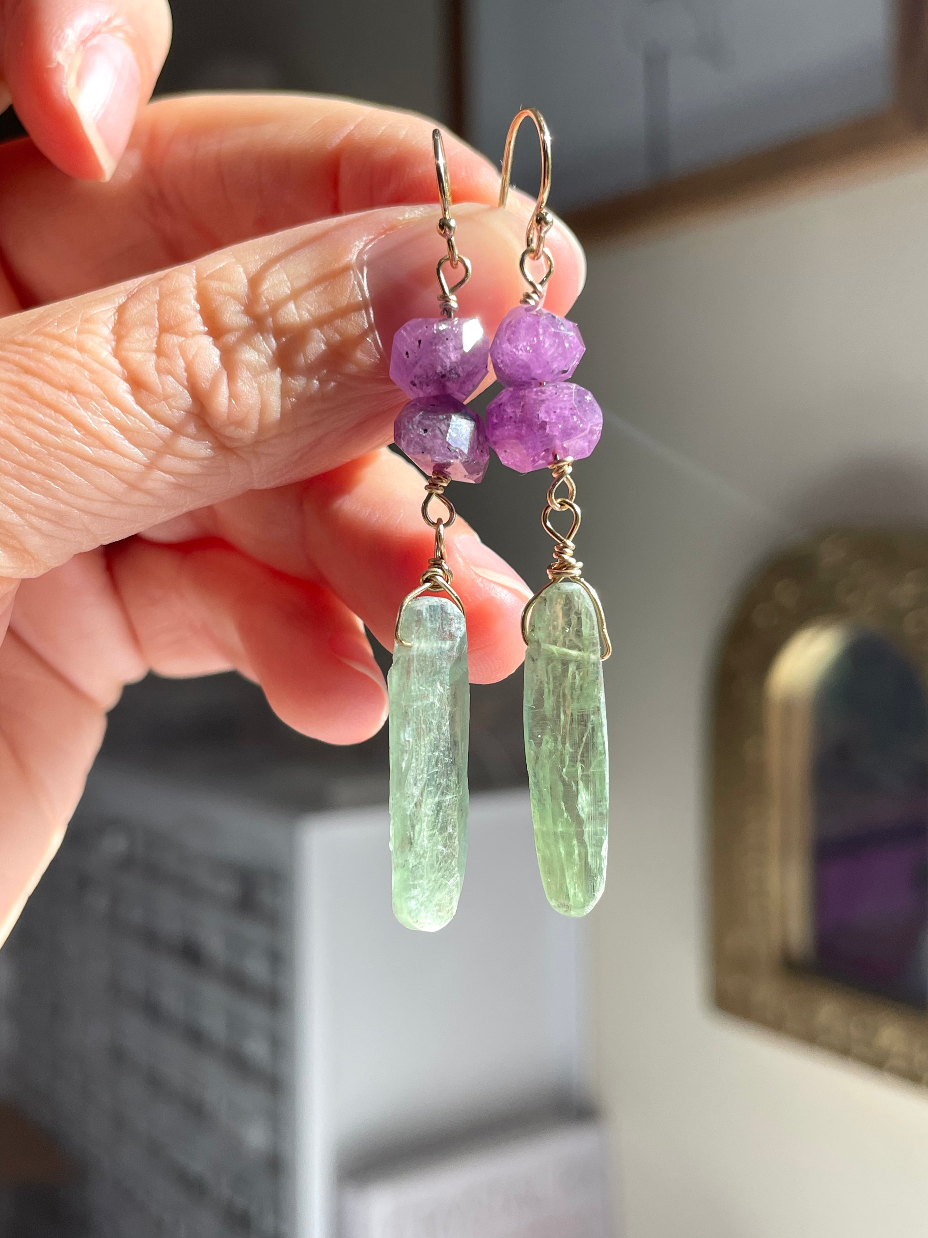 Exquisite Pink Sapphire & Green Kyanite Dangle Earrings for Women | Unique Handmade Jewelry Gift | Perfect for Weddings, Parties & Special Occasions