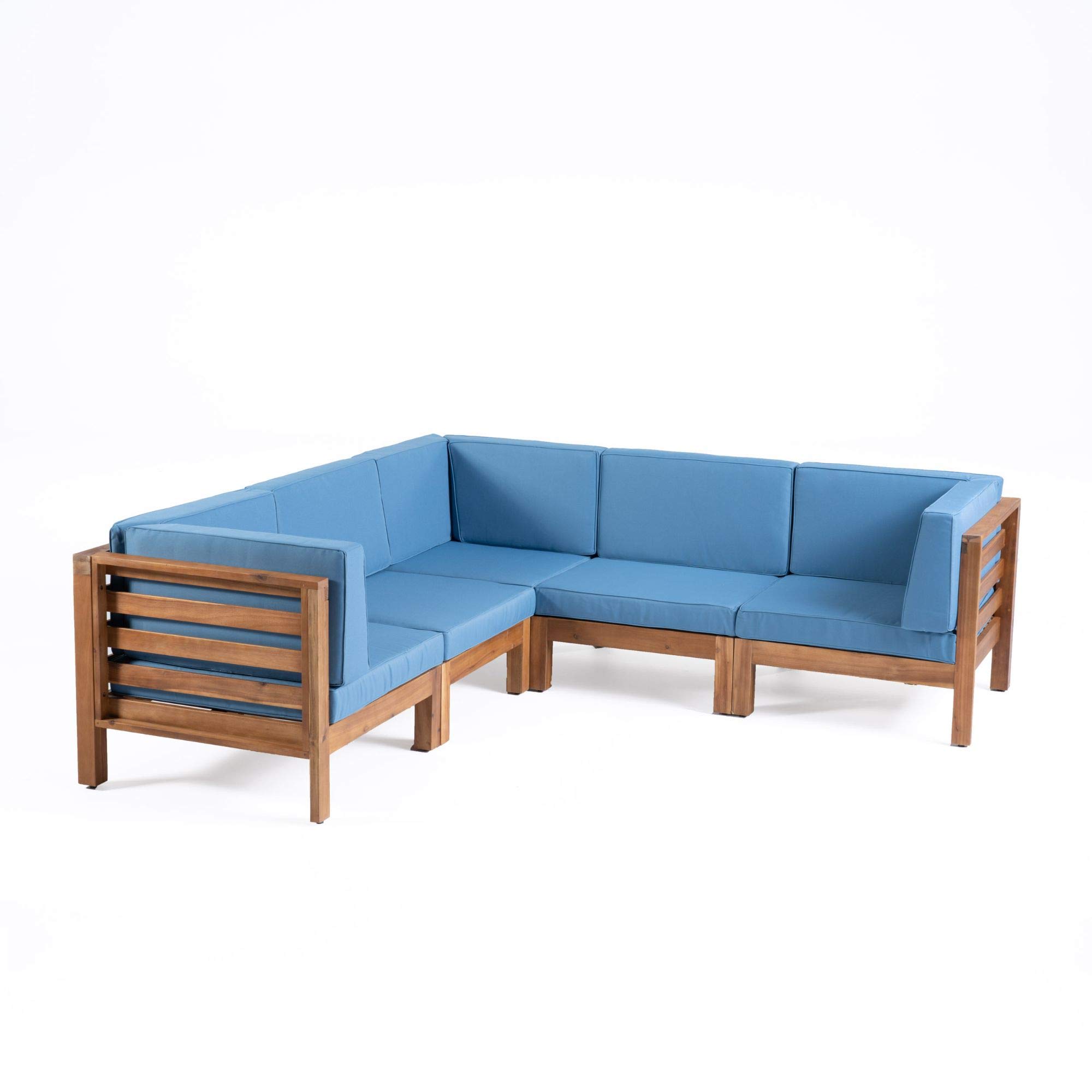 5-Piece Brown Contemporary Outdoor Patio Sectional Sofa Set with Blue Cushions - Waterproof & Durable Wicker Furniture for Backyard, Garden, Poolside Relaxation