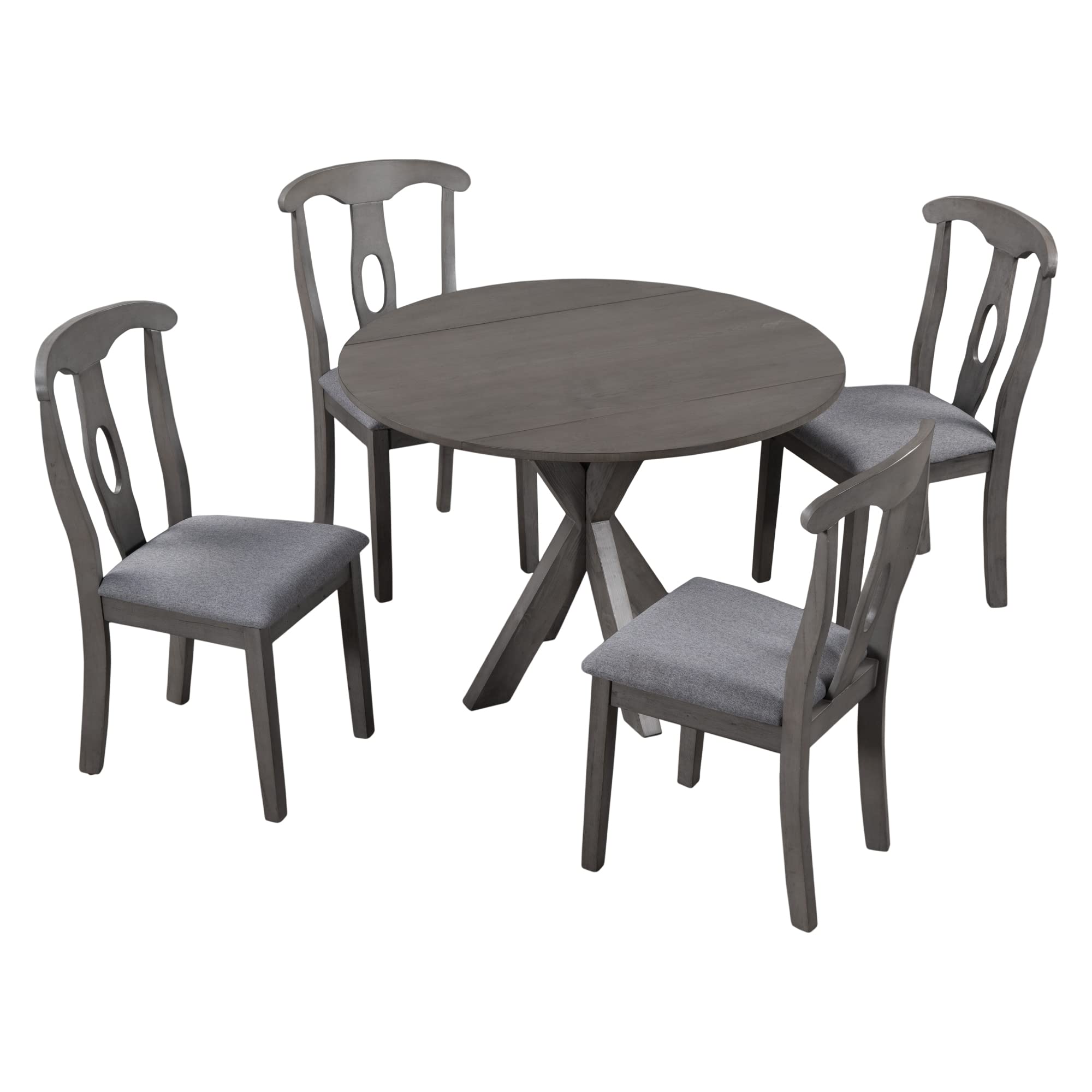 5-Piece Farmhouse Drop Leaf Round Dining Table Set with Padded Chairs - Solid Wood Kitchen Table for Small Spaces - Perfect for Family Meals, Breakfast Nooks & Cozy Dining Areas