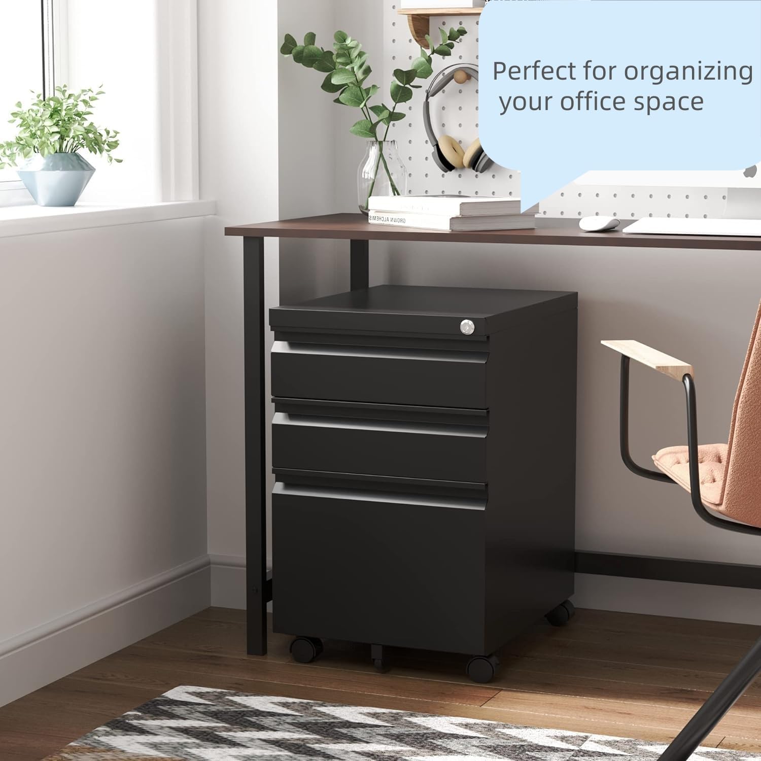 Mobile File Cabinet with Lock - 3 Drawer Home Office Storage for A4/Letter/Legal Size Folders, Fully Assembled Matte Black Filing Cabinet | Perfect for Small Spaces & Document Organization