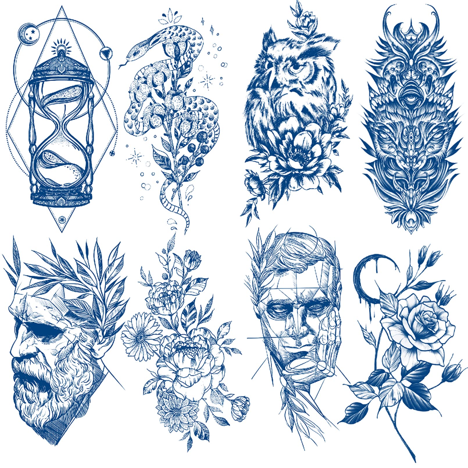 Realistic Fake Tattoos for Men & Teen Boys - Waterproof Semi-Permanent Tattoo Stickers Last 1-2 Weeks - Blue Design Looks Like Real Tattoo - Perfect for Parties, Halloween, Cosplay & Temporary Body Art