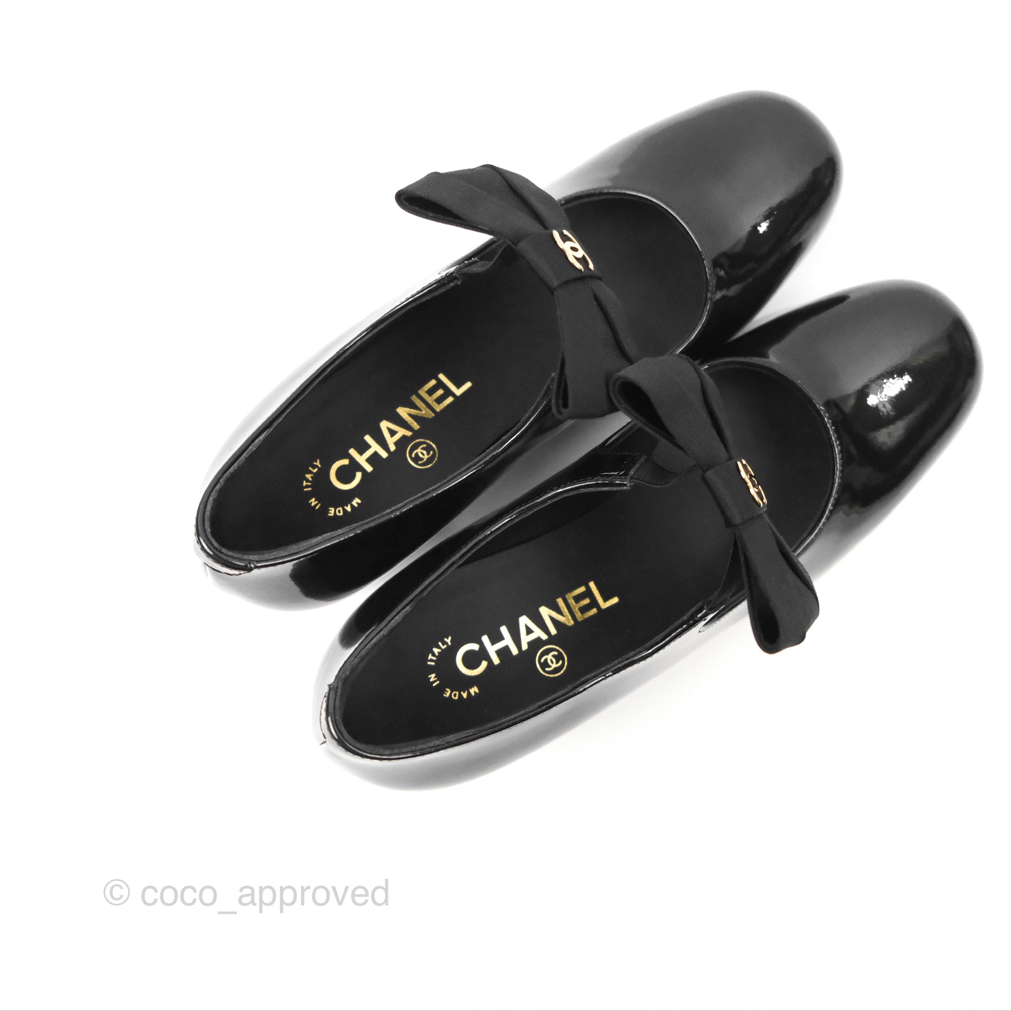 Chanel CC Ribbon Mary Jane Block Heels Black Patent Leather Pumps for Women | 24C Collection | Perfect for Weddings, Parties & Formal Occasions