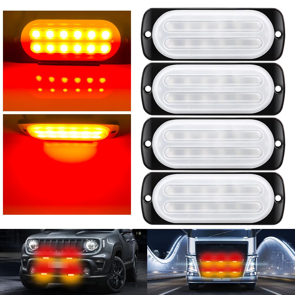 Sidaqi 4PCS 12LED Emergency Strobe Lights - Ultra Slim Surface Mount Flashing Hazard Lights for Vehicles 12-24V (Amber & Red) - Perfect for Trucks, Emergency Vehicles & Construction Safety Warning