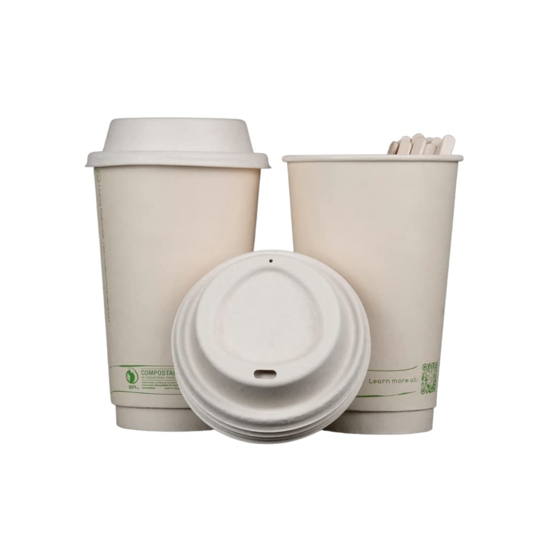 Certified Compostable 16oz Coffee Cups with Lids - 75 Pack | Eco-Friendly Bagasse Coffee Cups with Stirrers & Sleeves | Perfect for Coffee Shops, Offices & Sustainable Events