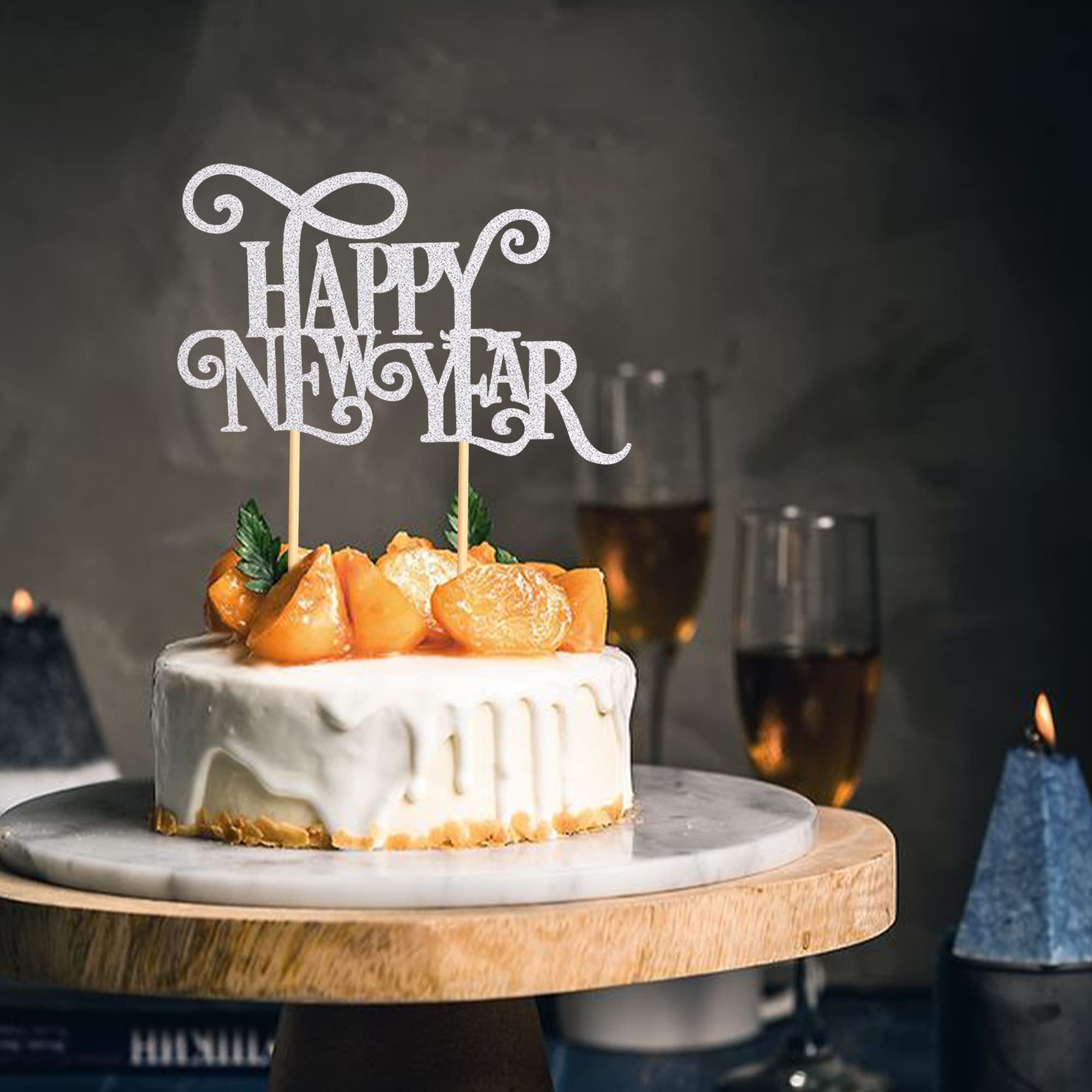 6 Pcs Silver Glitter Happy New Year 2024 Cake Toppers - 4