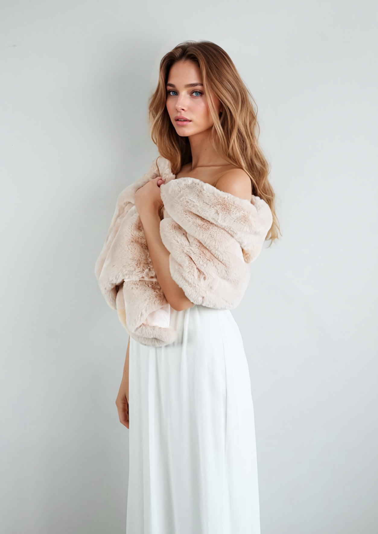 Elegant Blush & Beige Faux Fur Bridal Wrap Shawl - Butterfly Blu05 Design for Weddings, Prom & Formal Events