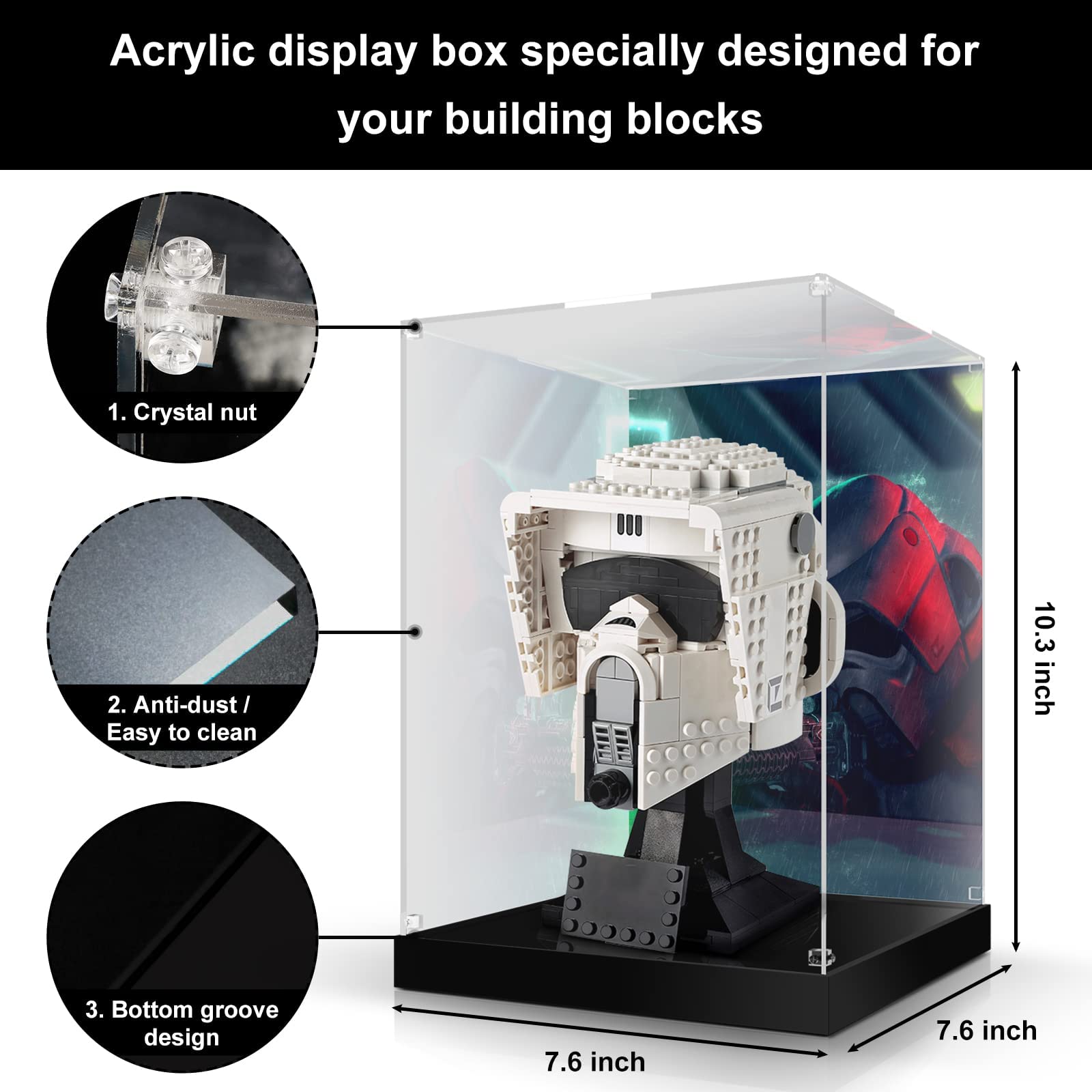 Vaodest 3MM HD Acrylic Display Case for Lego Scout Trooper 75305 Helmet - Dustproof Transparent Protection Box for Collectibles (Perfect for Showcasing Lego Star Wars Helmets in Home/Office Displays)