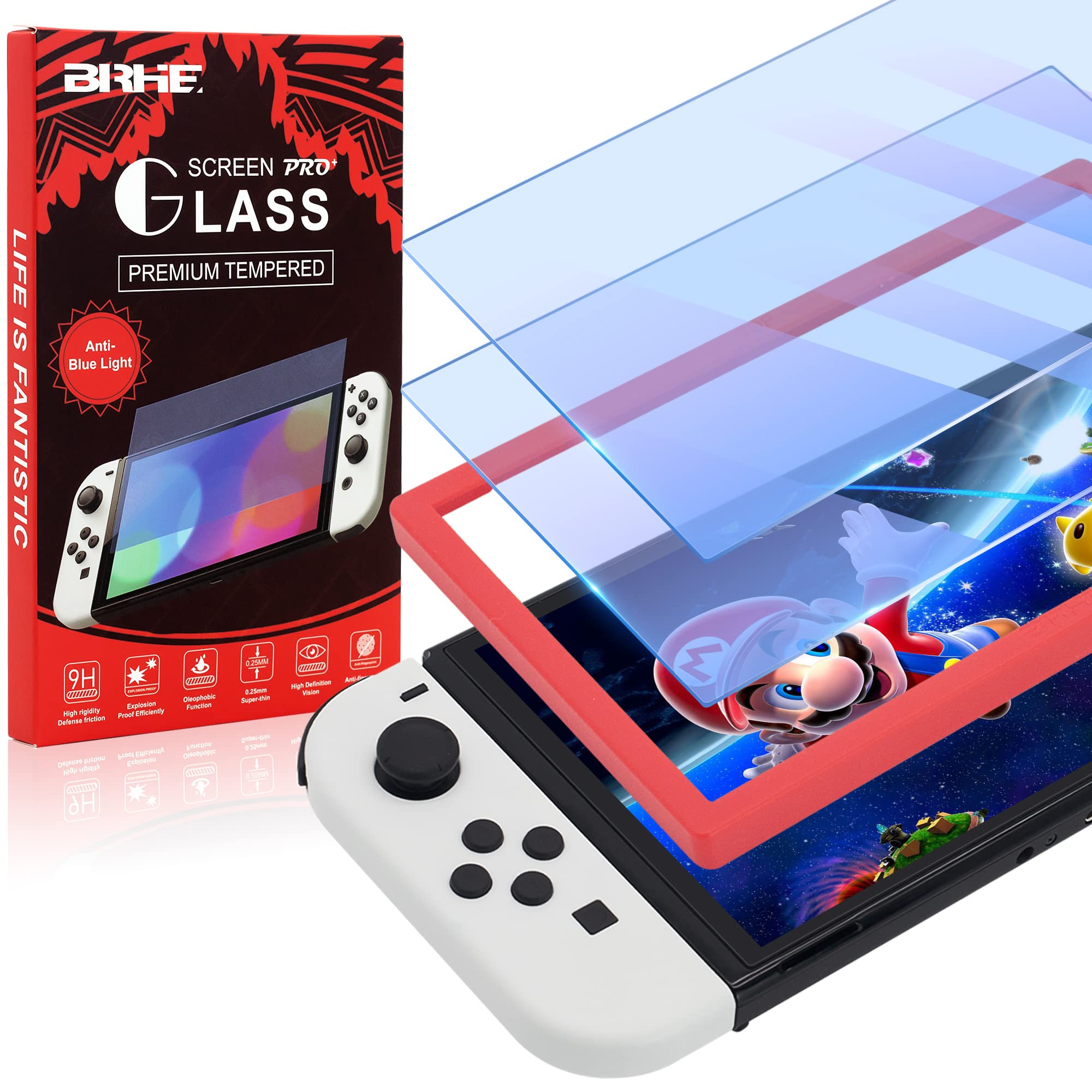 2 Pack Anti-Blue Light Screen Protector for Nintendo Switch OLED 2021 - 9H Tempered Glass, 0.25mm Thin, Bubble-Free, Anti-Scratch with Easy Installation Kit - Perfect for Gaming, Travel & Screen Protection