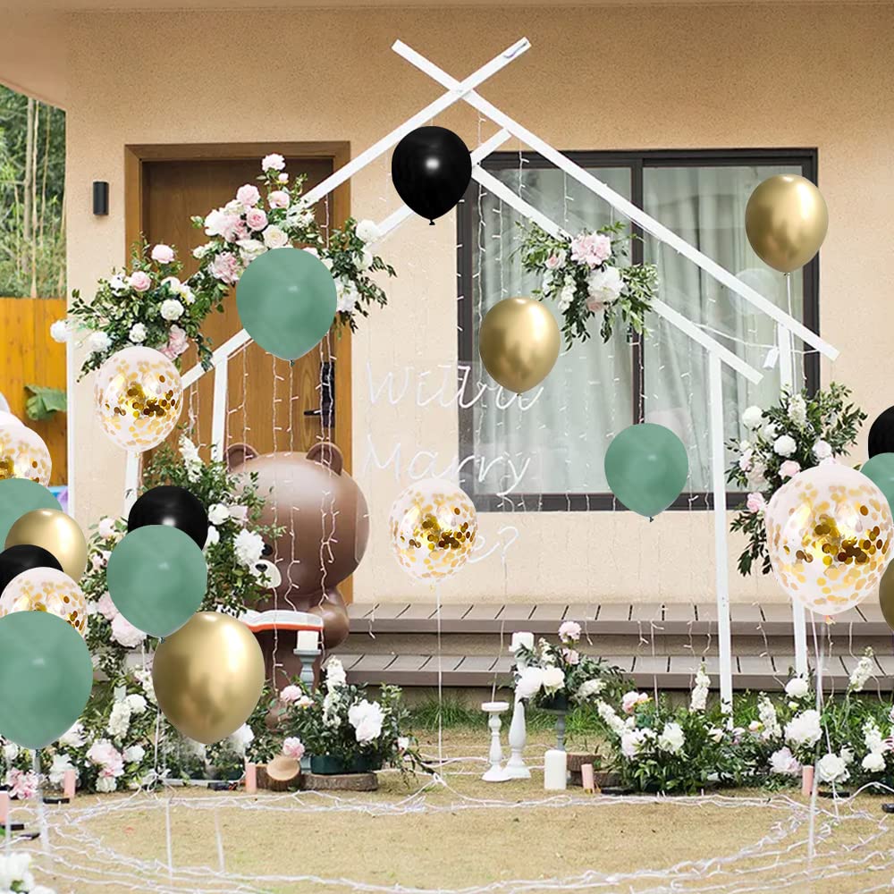 50pcs 12 Inch Sage Green Black Gold Confetti Balloons with Ribbon - Retro Metallic Party Balloons for Birthday, Baby Shower, Wedding & Anniversary Decorations - Perfect for Festive Events and Special Occasions