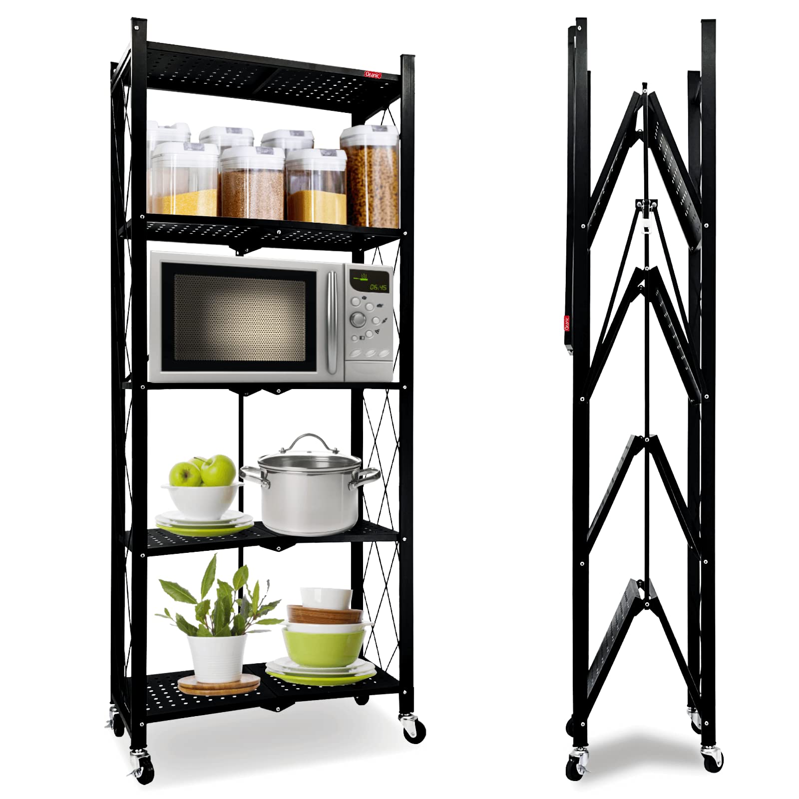 5-Shelf Foldable Storage Shelves with Wheels - Heavy Duty Metal Wire Shelf Rack, Large Capacity Freestanding Organizer for Garage, Kitchen, Pantry & Basement | No Assembly Required | Space-Saving Storage Solution for Home & Office Organization