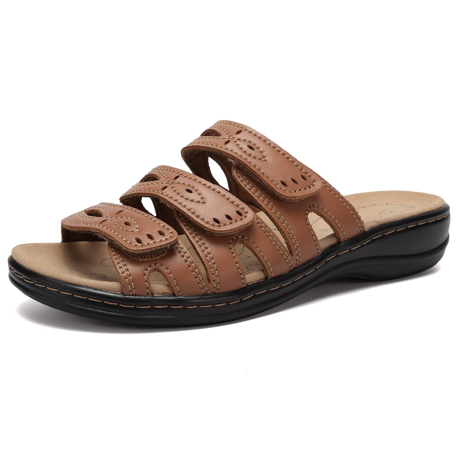 **Women's Classic Leather Sandals with Arch Support – Adjustable Hook & Loop Straps, Slip-On Casual Shoes for Outdoor Walking, Travel & Summer Comfort**