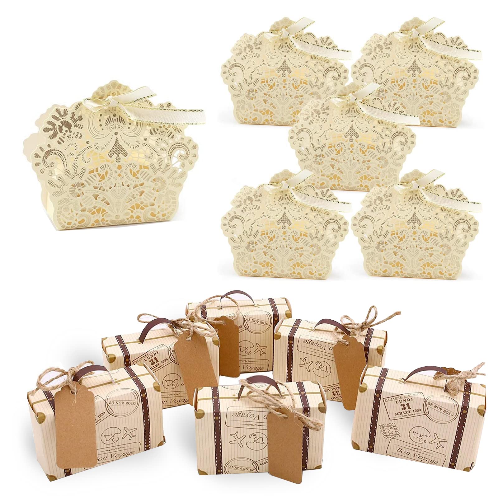 50PCS Mini Suitcase Favor Boxes & 50PCS Lace Candy Boxes - Laser Cut Wedding Favor Boxes for Bridal Shower, Baby Shower, Birthday Party - Perfect for Party Favors, Gift Packaging & Sweet Treats