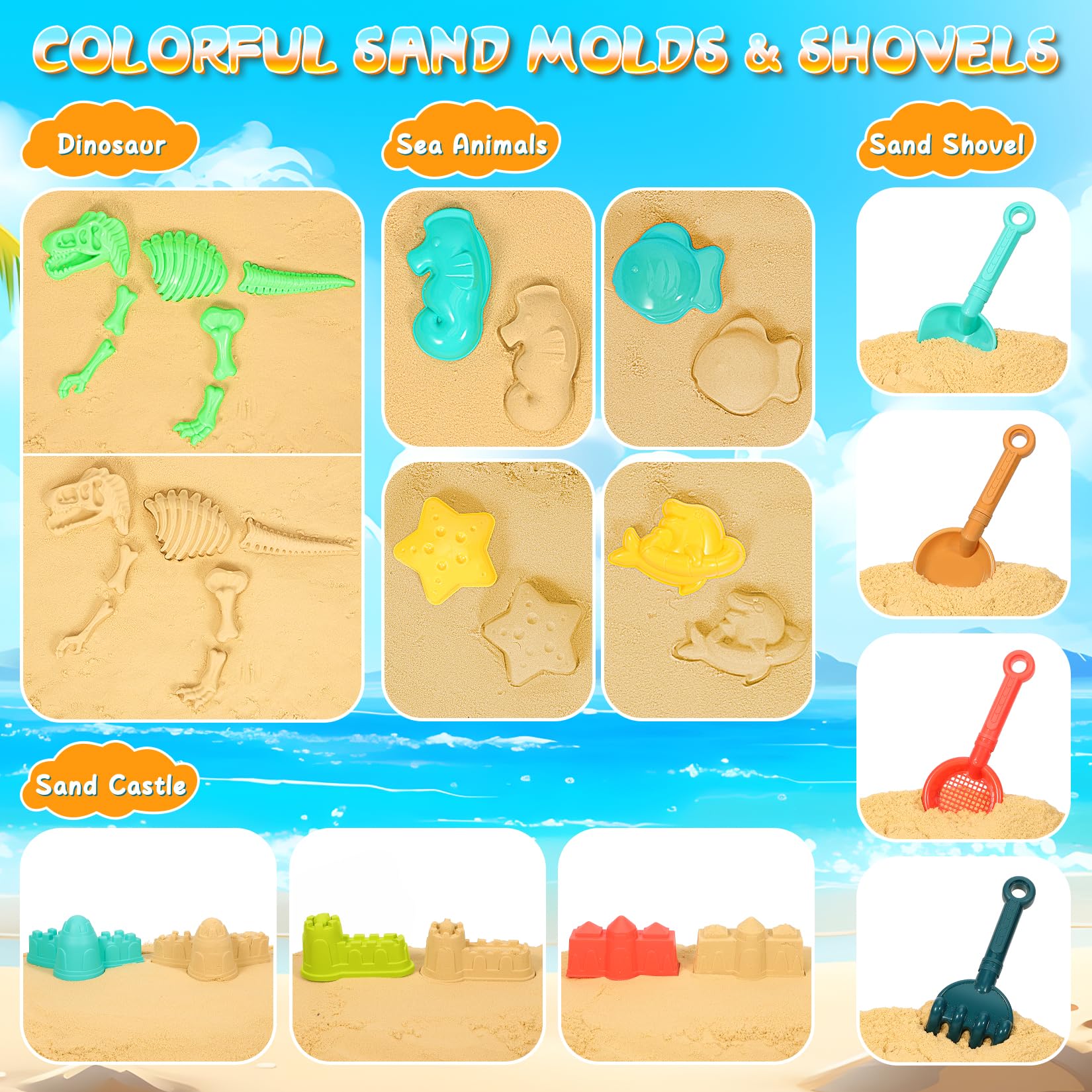 29PCS Beach Sand Toys Set for Kids Ages 3-10 - 2 Collapsible Buckets, 2 Dump Trucks, Dinosaur Molds, Castle Kit, Shovels & Mesh Storage Bag | Outdoor Sandbox & Travel Beach Toys for Toddlers | Perfect for Beach Vacations, Backyard Play & Summer Activities