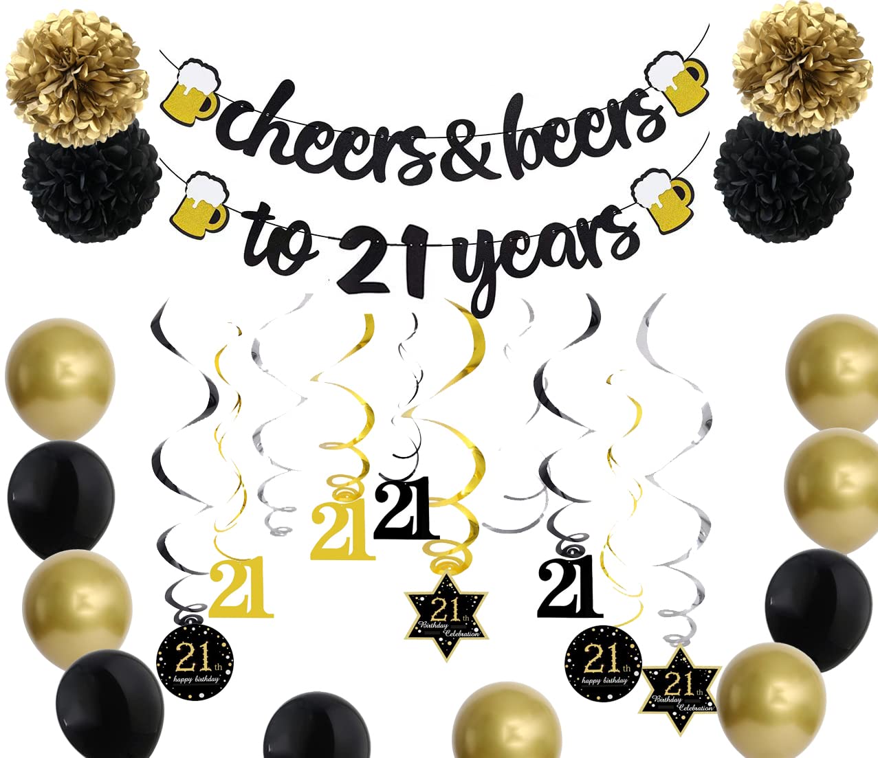21st Birthday Party Decorations Set - Cheers & Beers Banner, Hanging Swirls, Gold & Black Pom Poms, Latex Balloons for 21 Year Old Celebration - Perfect for Milestone Birthday Parties, Bars & Adult Gatherings