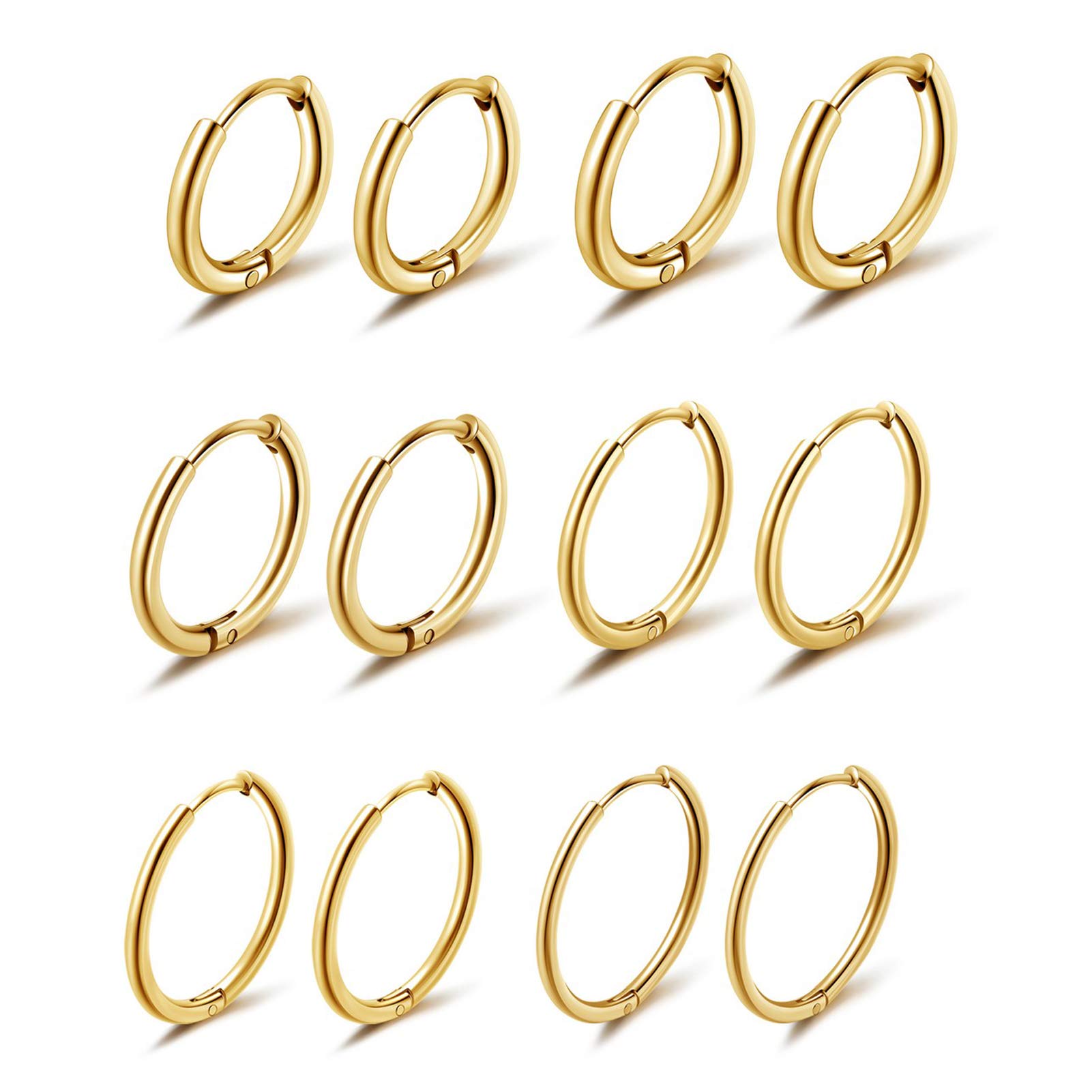 PiercingJ 6 Pairs Stainless Steel 6-16mm Huggie Hoop Earrings - Hypoallergenic Cartilage & Helix Earrings for Men & Women - Perfect for Everyday Wear, Work & Night Out