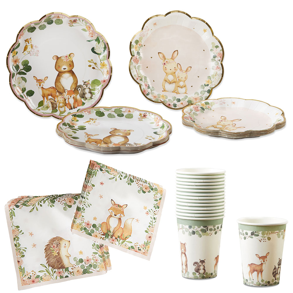 Woodland Baby 78-Piece Pink Party Tableware Set for 16 Guests - Disposable Plates, Cups, Utensils for Birthday, Baby Shower & Kids Party Decorations