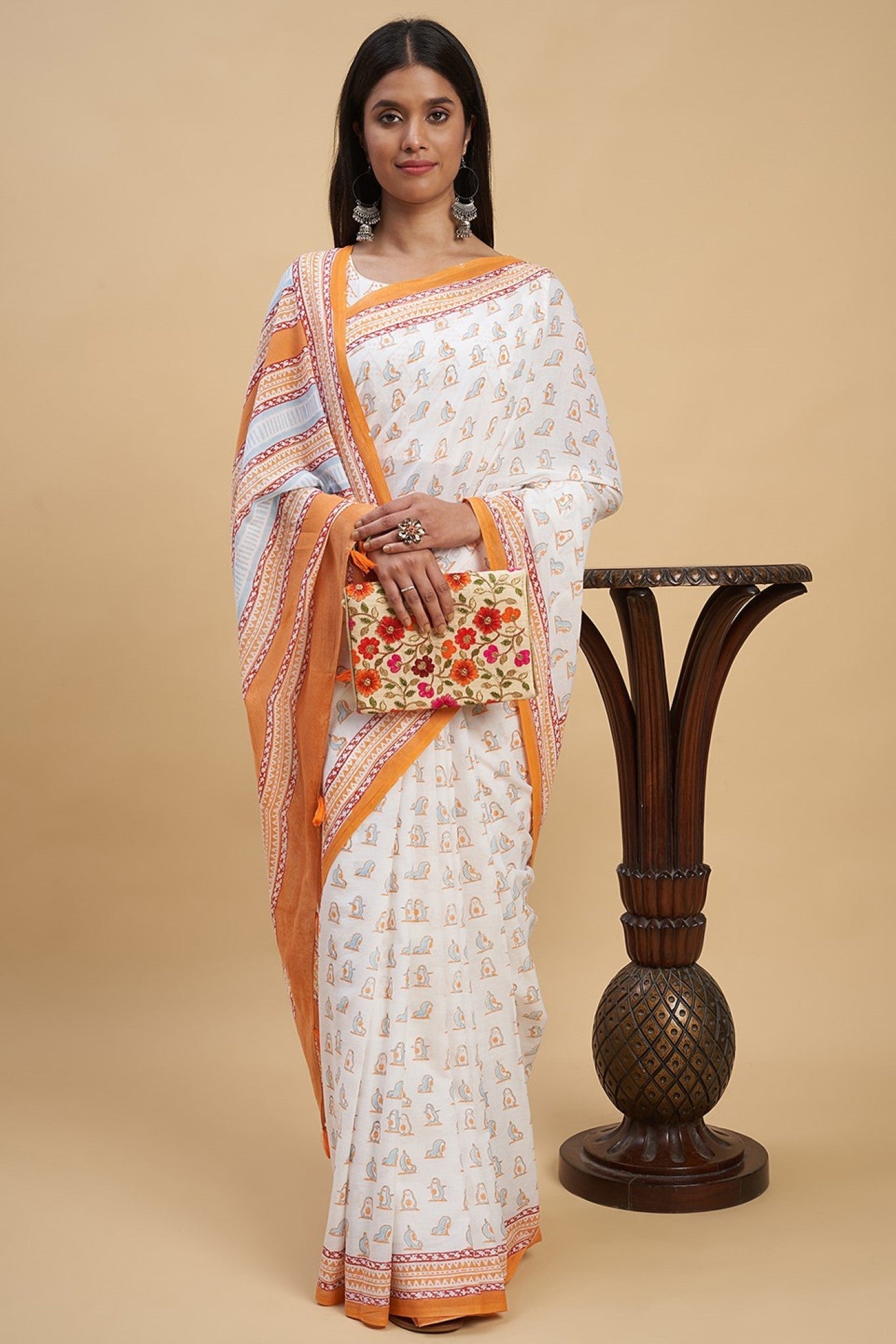 Handblock Printed Orange Penguins Cotton Saree – Traditional Indian Saree for Women, Perfect for Weddings, Parties & Festive Occasions