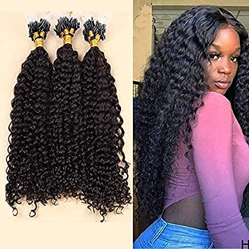 30 Inch Brazilian Kinky Curly Human Hair Extensions - 100g 100 Strands Micro Loop Remy Hair with Beads (Natural Black) for Protective Styles & Volume Boost