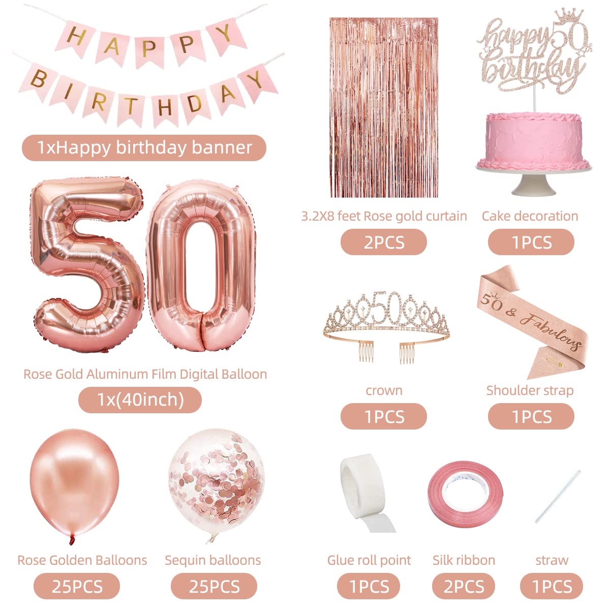 50th Birthday Party Decorations for Women - Rose Gold Happy 50th Birthday Banner, Crown, Sash, Cake Topper & Number Balloons Set - Perfect for Milestone Celebrations, Surprise Parties & Photo Backdrops