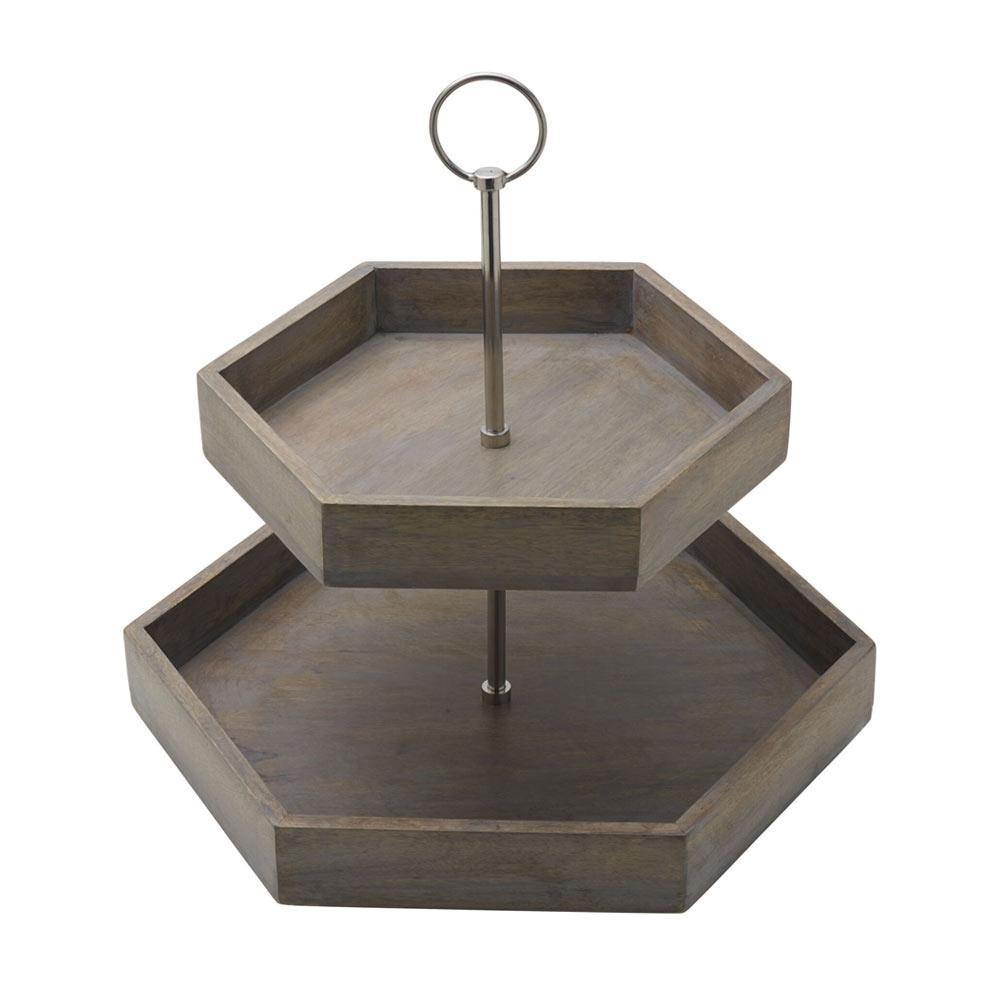 Hexagon 2-Tiered Mango Wood Serving Tray - Rustic Handmade Wooden Charcuterie Board for Cheese, Fruits & Appetizers - Perfect for Entertaining, Kitchen Decor & Gift Giving