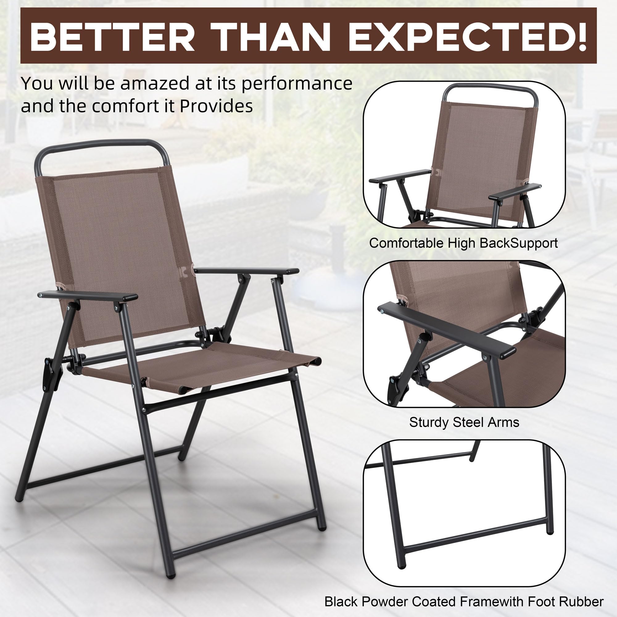 Vongrasig 4-Piece Folding Patio Dining Chair Set - Lightweight Metal Outdoor Sling Chairs for Lawn, Garden, Deck & Backyard (Brown) | Perfect for Outdoor Dining, Poolside Lounging & Small Space Storage