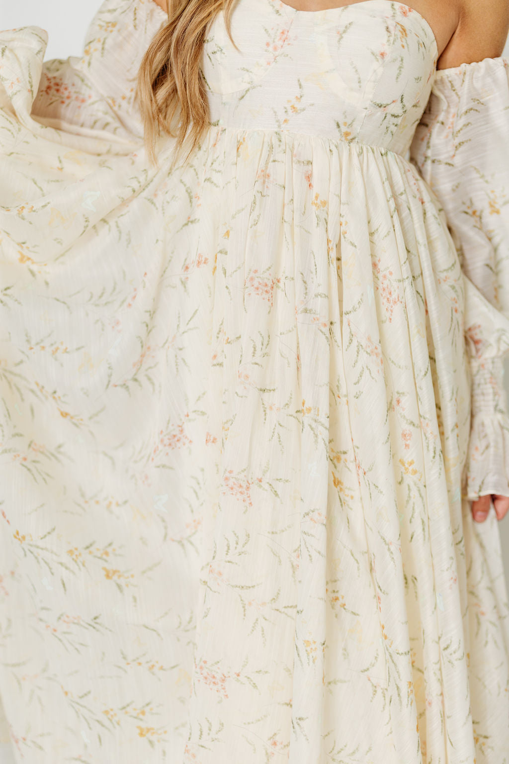 Delilah Cream Floral Maternity Dress with Train - Bump Friendly Wedding Guest Dress for Baby Showers & Special Occasions
