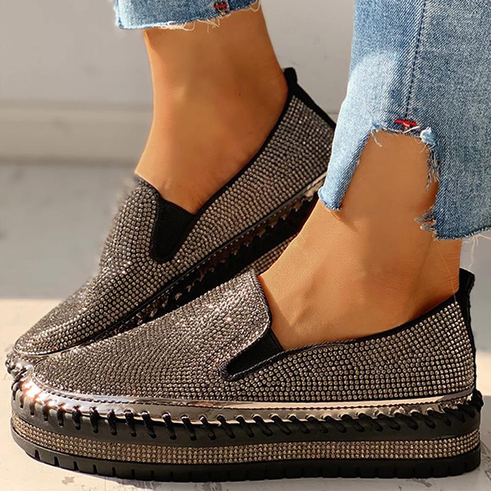Women's Rhinestone Platform Slip-On Sneakers - Round Toe Low Cut Thick Sole Slip On Shoes for Walking, Skating & Casual Wear | Comfortable Flats for Everyday Use
