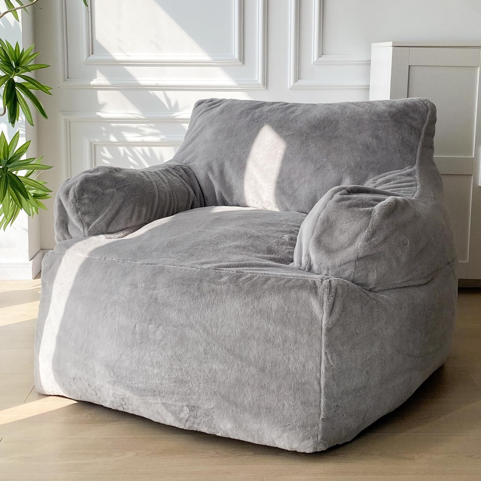 MAXYOYO Giant Faux Fur Bean Bag Chair - Extra Large Stuffed Bean Bag Couch for Adults, Big Lazy Sofa with Storage Pocket - Perfect for Living Room, Gaming & Reading (Grey)