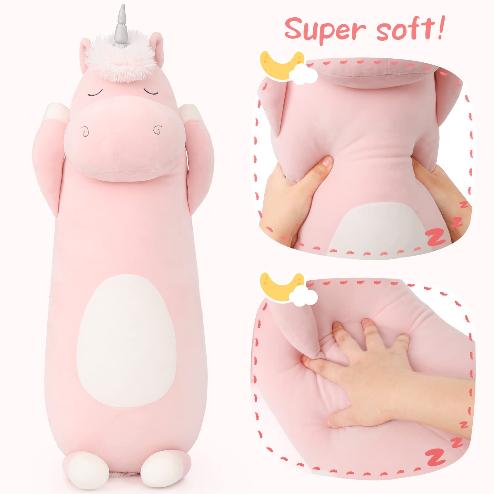 MorisMos 24 Inch Large Unicorn Body Pillow - Soft Plush Hugging Pillow for Girls, Cute Stuffed Animal Toy for Kids | Perfect for Bedtime, Birthday Gifts, and Special Occasions (Pink)