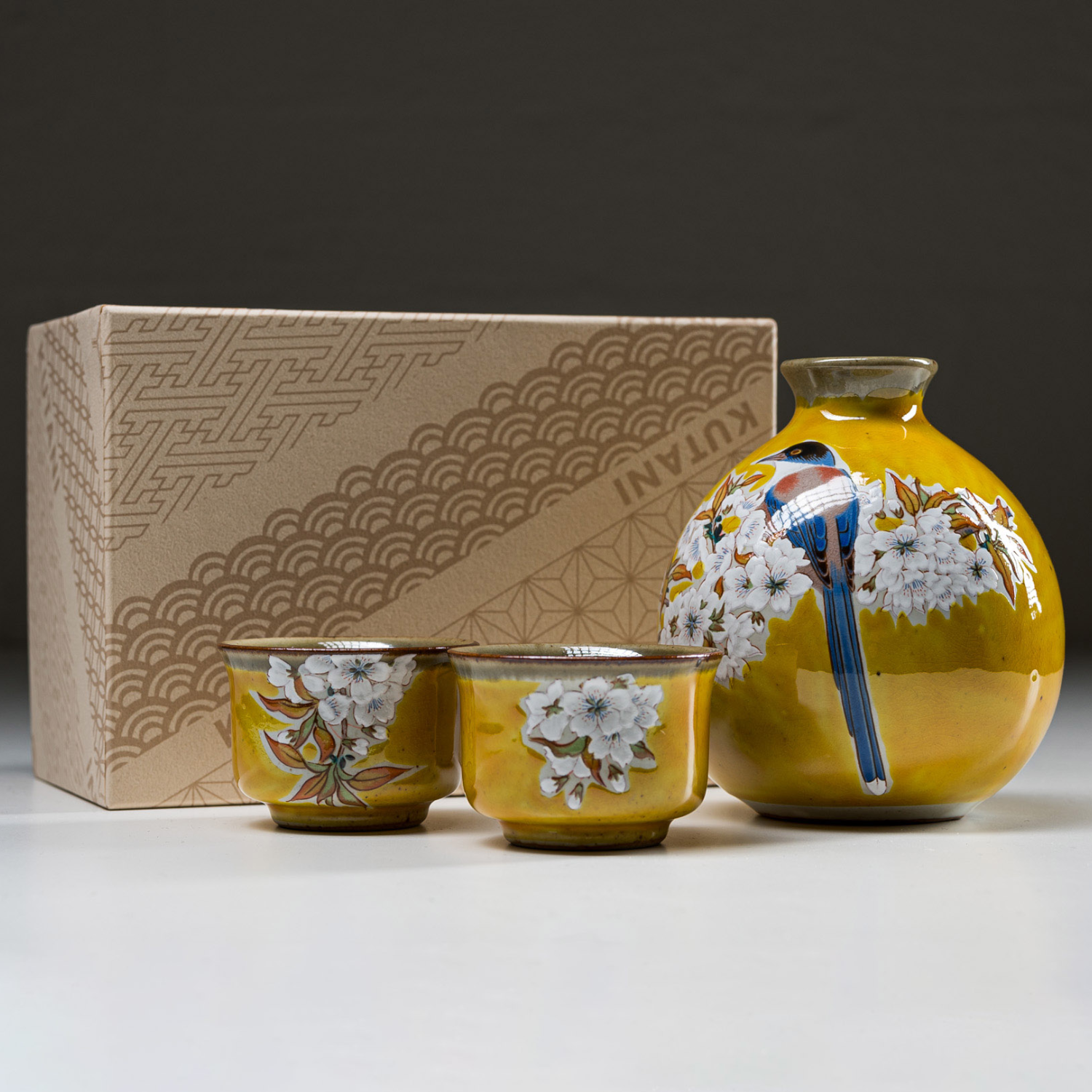 Kutani Ware Sake Set - Kacho Fugetsu Japanese Ceramic Sake Cups & Decanter - Traditional Hand-Painted Floral & Bird Design - Perfect for Japanese Tea Ceremonies, Gift Giving & Home Decor
