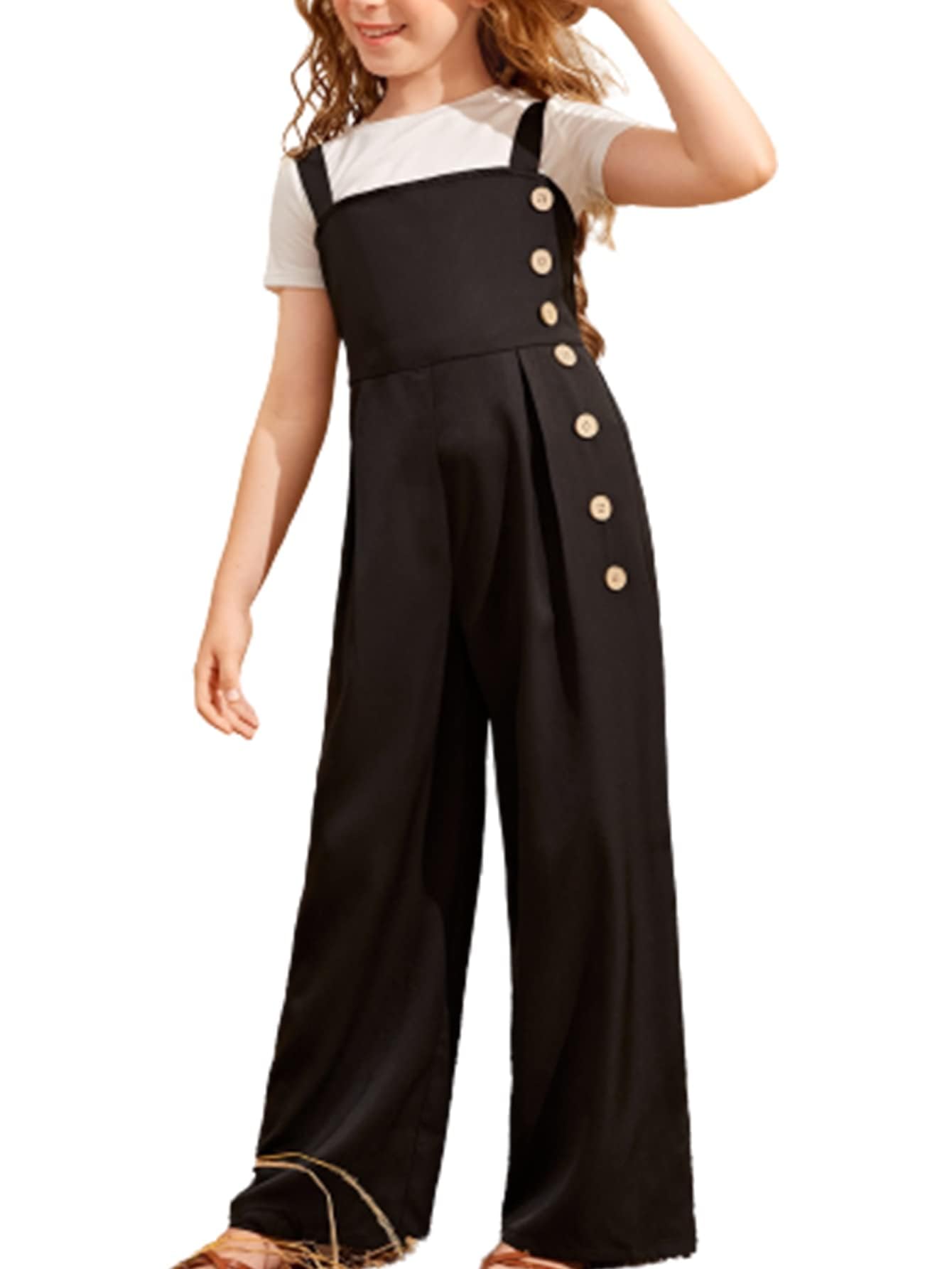 SHENHE Girls Sleeveless Denim Overalls - High Waisted Button Down Jumpsuit with Wide Leg & Adjustable Suspenders | Casual Outfit for School, Playdates & Summer Adventures