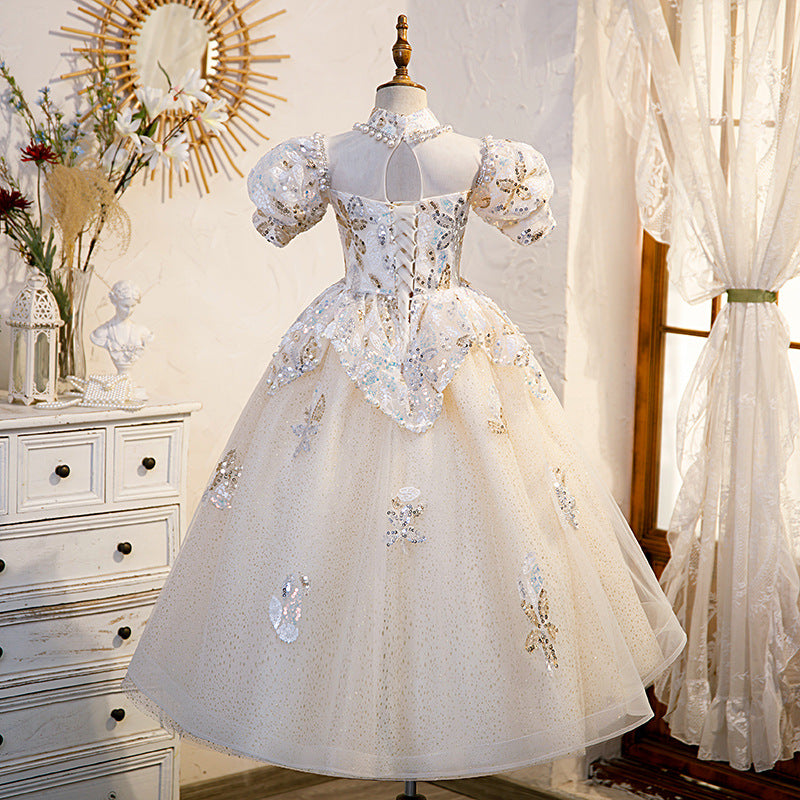 Ivory Sequined A-Line Flower Girl Dress with Puff Sleeves - Elegant Flower Girl Dress for Weddings, Baptisms & Special Occasions
