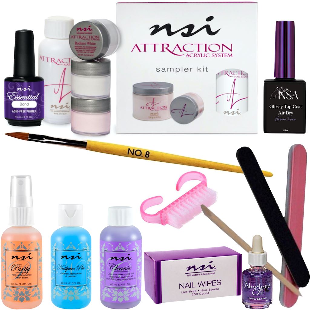 Acrylic Nail Sampler Kit with Brush, Essential Prep Kit Mini & Glossy Air Dry Top Coat - DIY Nail Art Starter Set for Home & Professional Salon Use