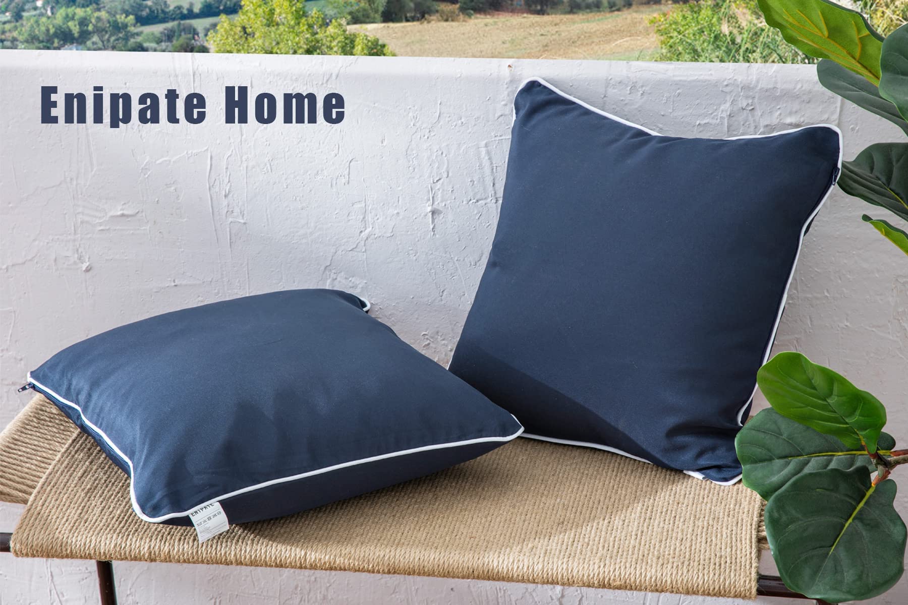 Enipate Inserts Included - Water Resistant Outdoor Throw Pillows Set of 2 (18x18 Inch) Navy Blue Toss Pillows for Patio Furniture Decor - Perfect for Outdoor Sofas, Garden Chairs & Poolside Lounging