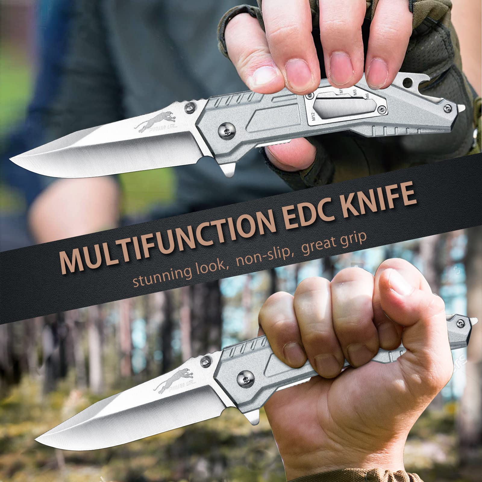 Multipurpose Survival Pocket Knife with Bottle Opener, Screwdriver & Window Breaker - EDC Folding Knife for Men, Outdoor Camping, Hiking & Hunting (Silver) - Perfect for Emergency Situations, Everyday Carry & Outdoor Adventures