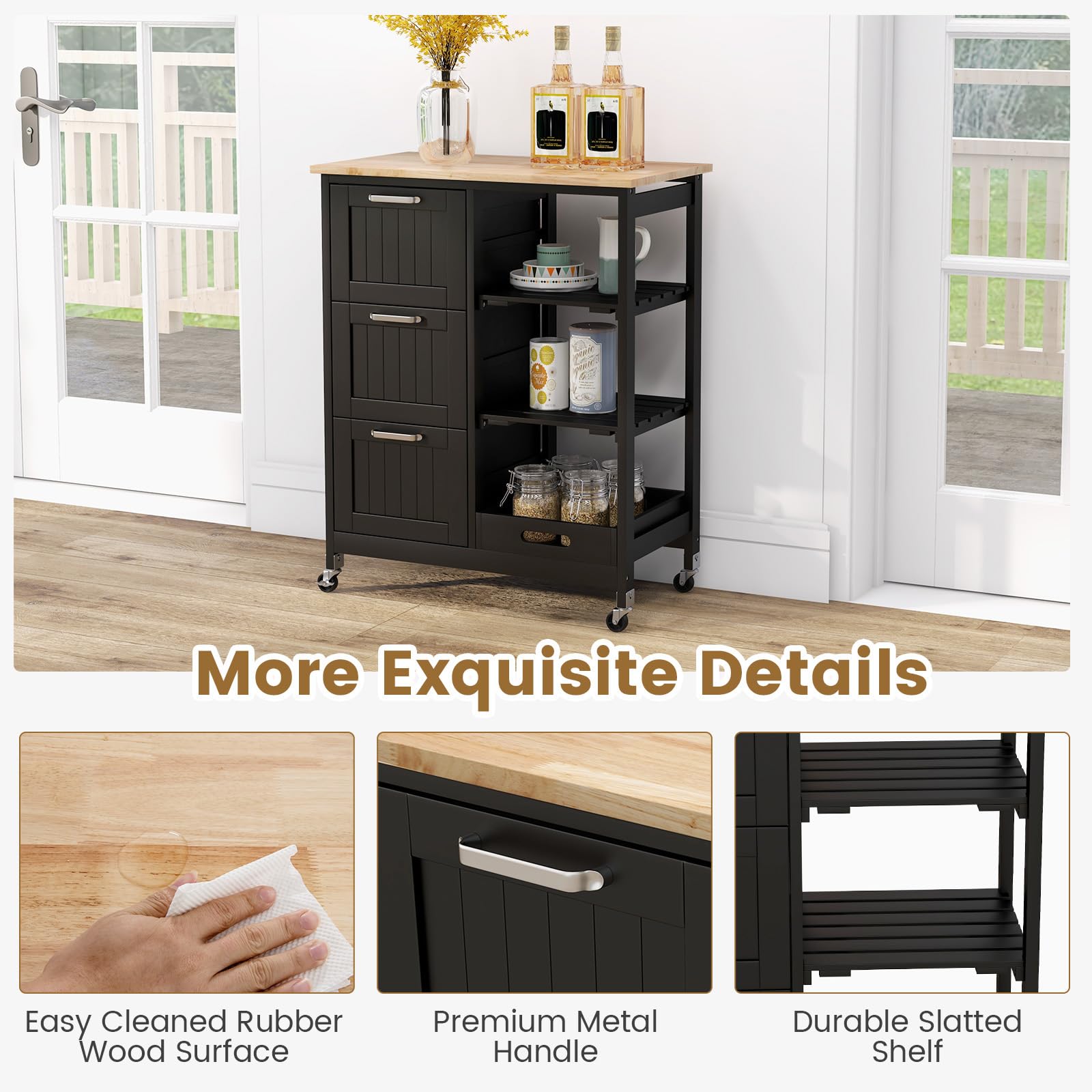 COSTWAY Kitchen Cart with Wheels, 3 Drawers & Shelves for Dining, Living Room & Bedroom Storage