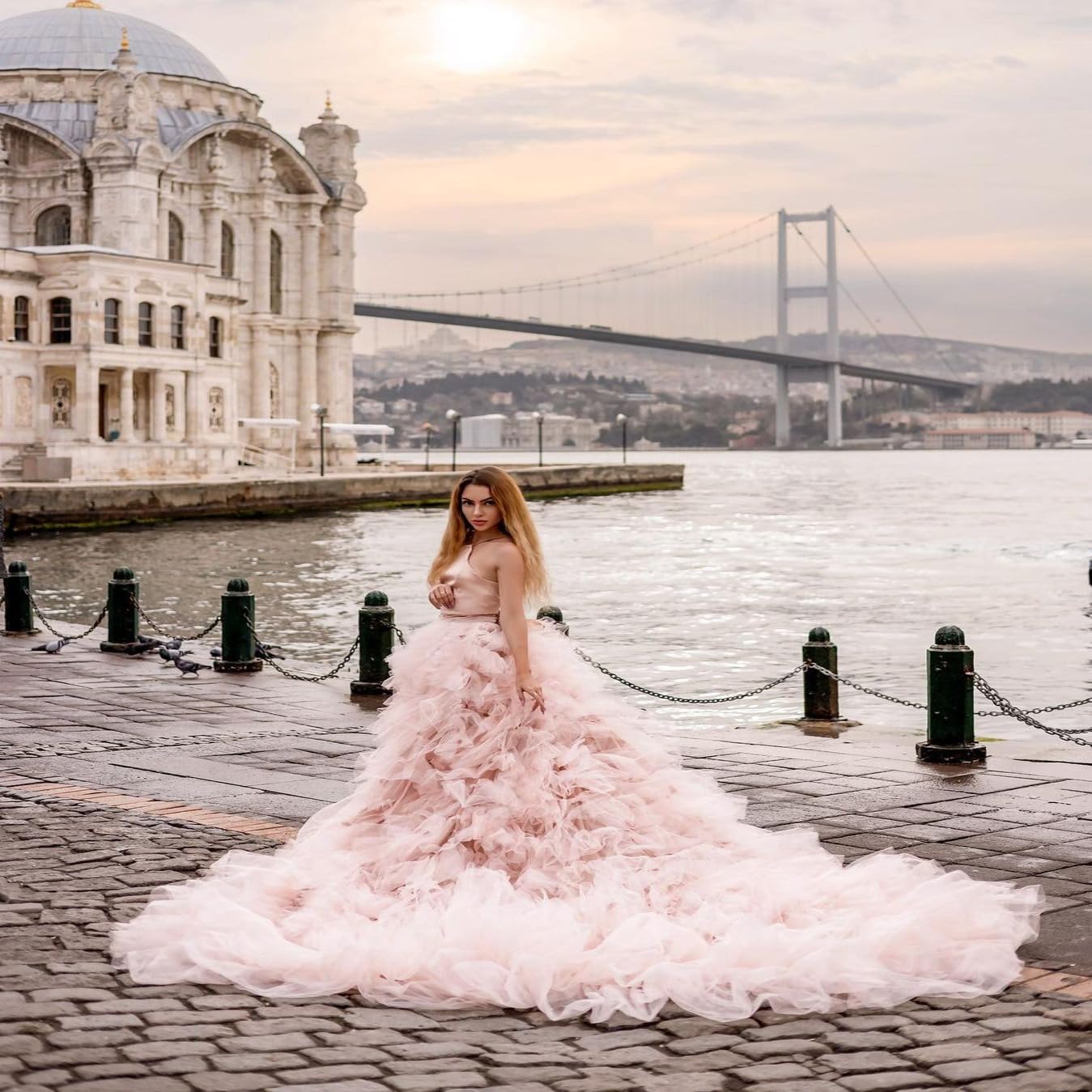 Elegant Long Satin Tulle Maxi Dress with Train - Flowy Flying Photoshoot Dress for Women | Perfect for Santorini Vacations, Baby Showers, Weddings & Special Occasions