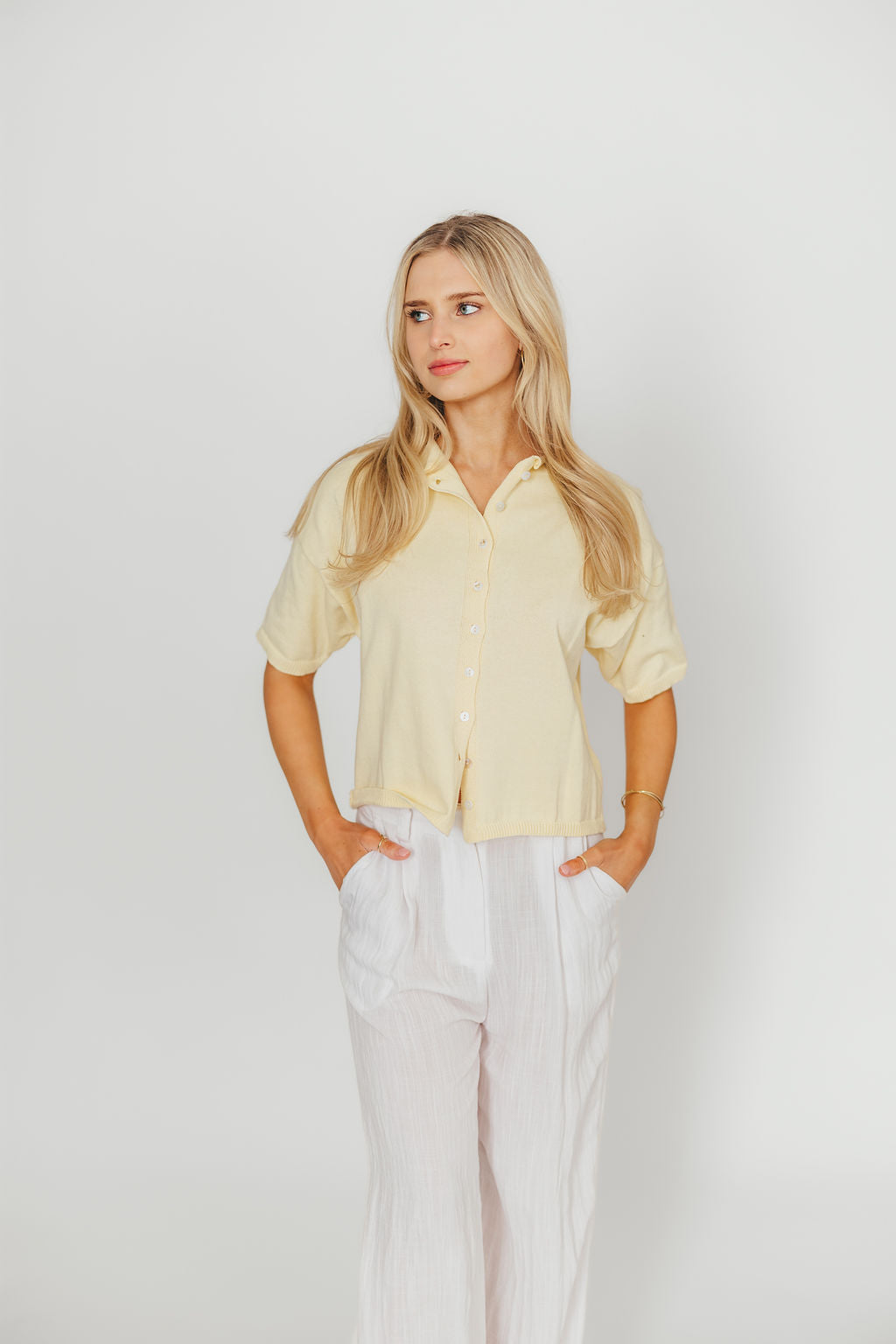 Emeryn 100% Cotton Short Sleeve Knit Cardigan for Women - Soft Butter Yellow Lightweight Summer Cover Up - Perfect for Beach, Office & Casual Outfits