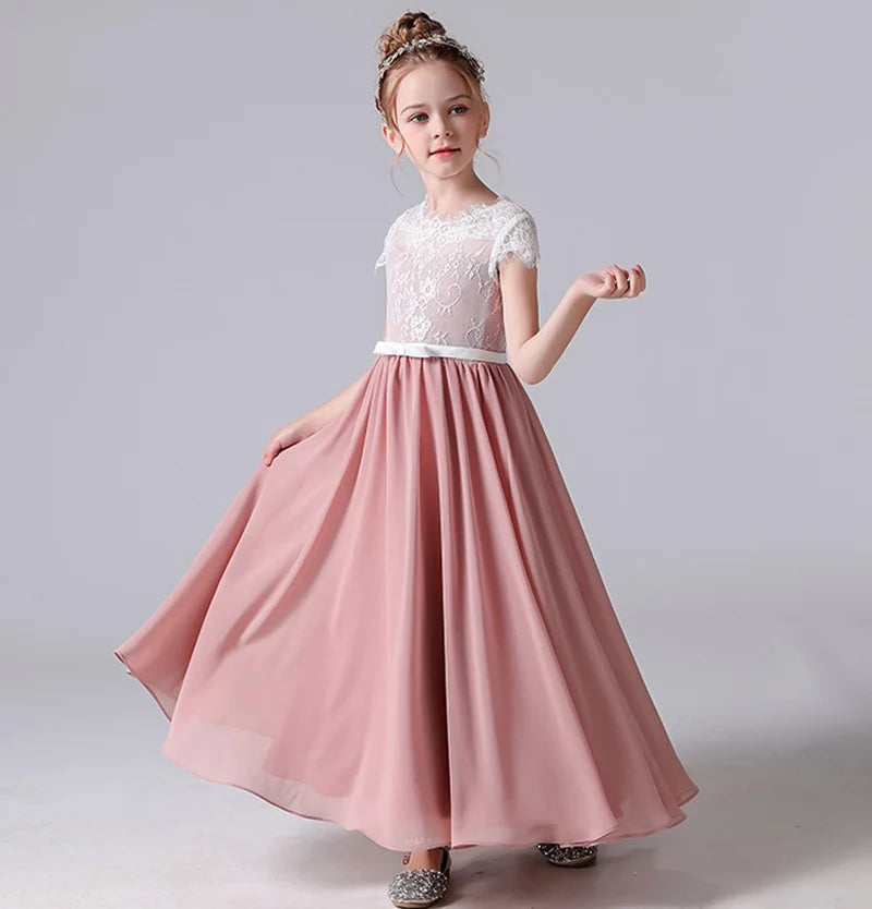 Lace Chiffon Junior Bridesmaid Dress with Short Sleeves - Girls Party Gown for Weddings, Prom, Formal Events & Special Occasions
