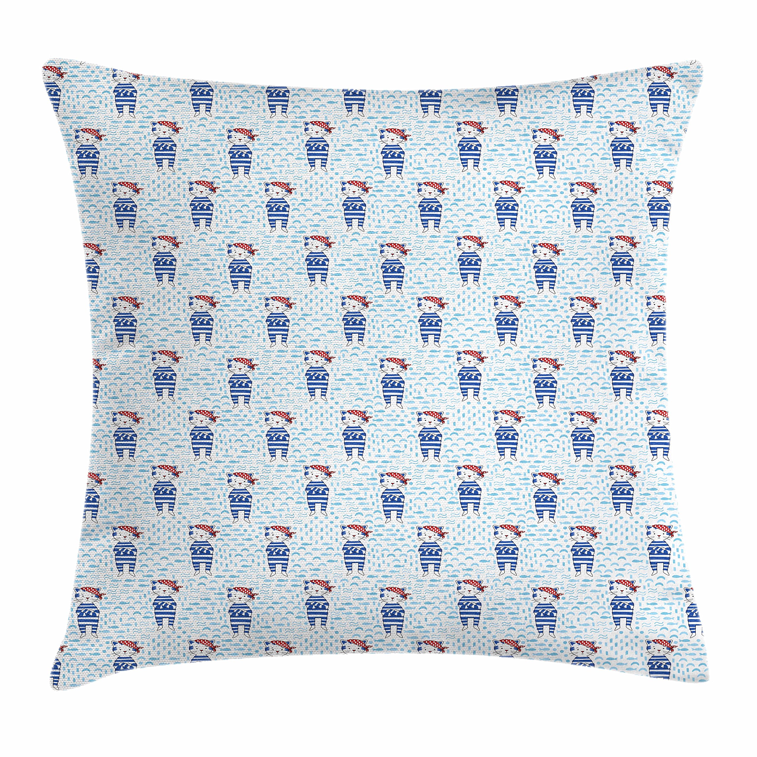 Ambesonne Pirate Cat Throw Pillow Cover 20x20 Inches - Blue White Red Nautical Design with Sailor Suit Cat, Fish & Dots - Decorative Square Cushion Case for Living Room, Bedroom, or Boat Decor