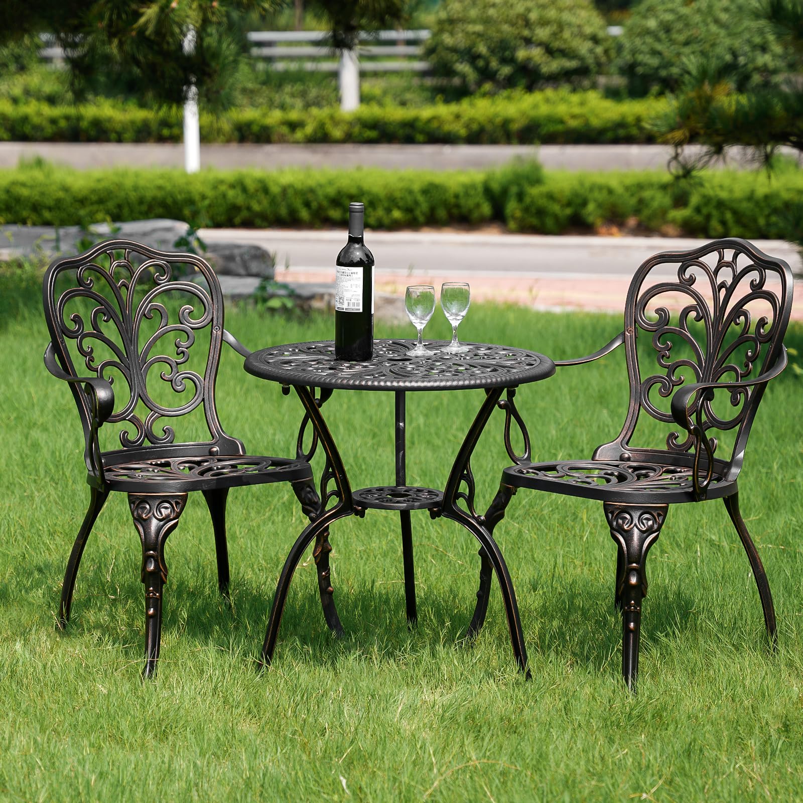 3 Piece Cast Aluminum Bistro Set - Bronze Outdoor Dining Table with 2 Chairs, Patio Furniture for Backyard, Balcony & Deck - Includes 1.97