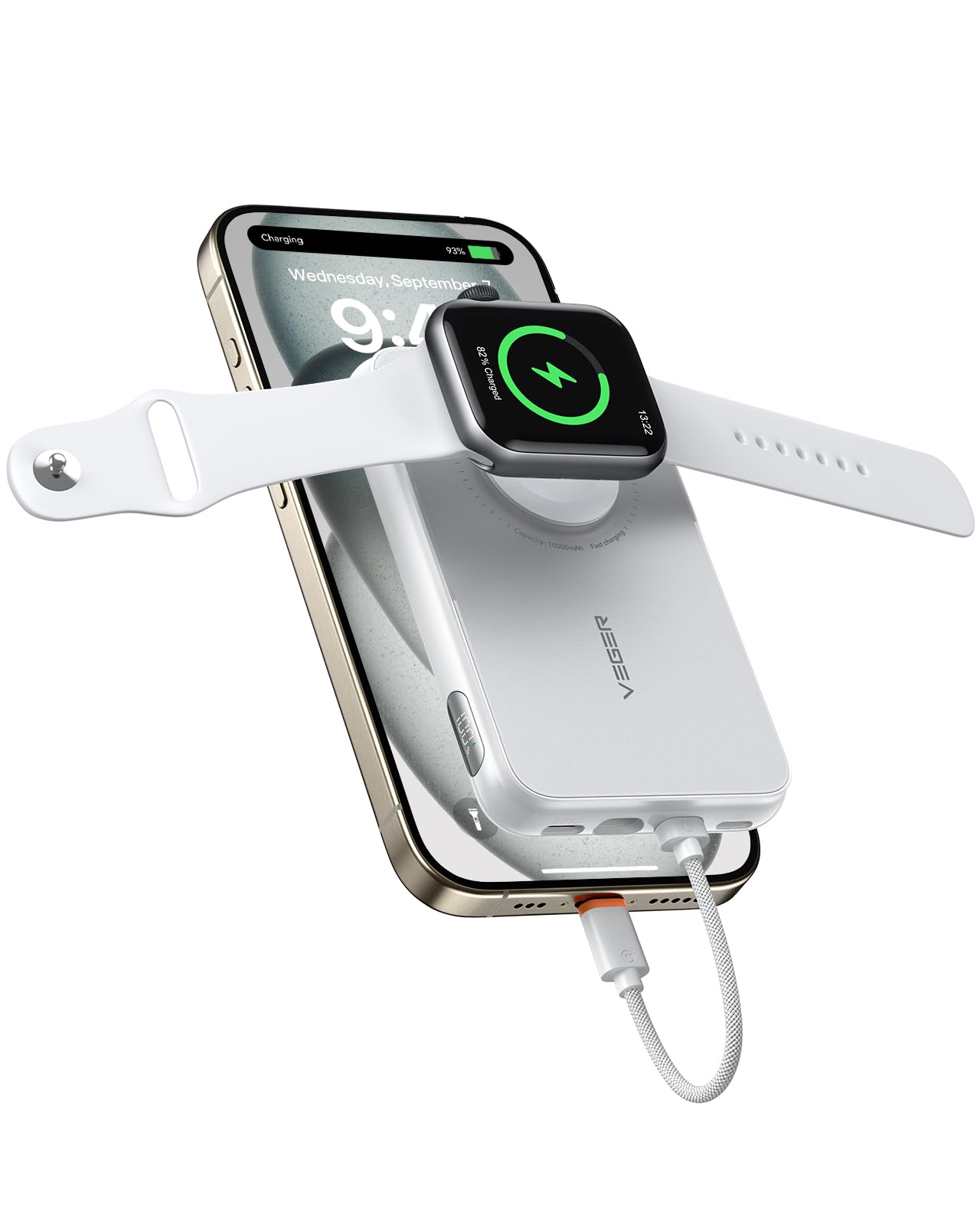 VEGER 10000mAh Portable Charger with Built-in Removable Cable - PD 20W Fast Charging Power Bank for iPhone 15/14/13 Pro Max, Samsung Galaxy, Apple Watch - Compact Travel Charger for Camping, Hiking & Business Trips (White)